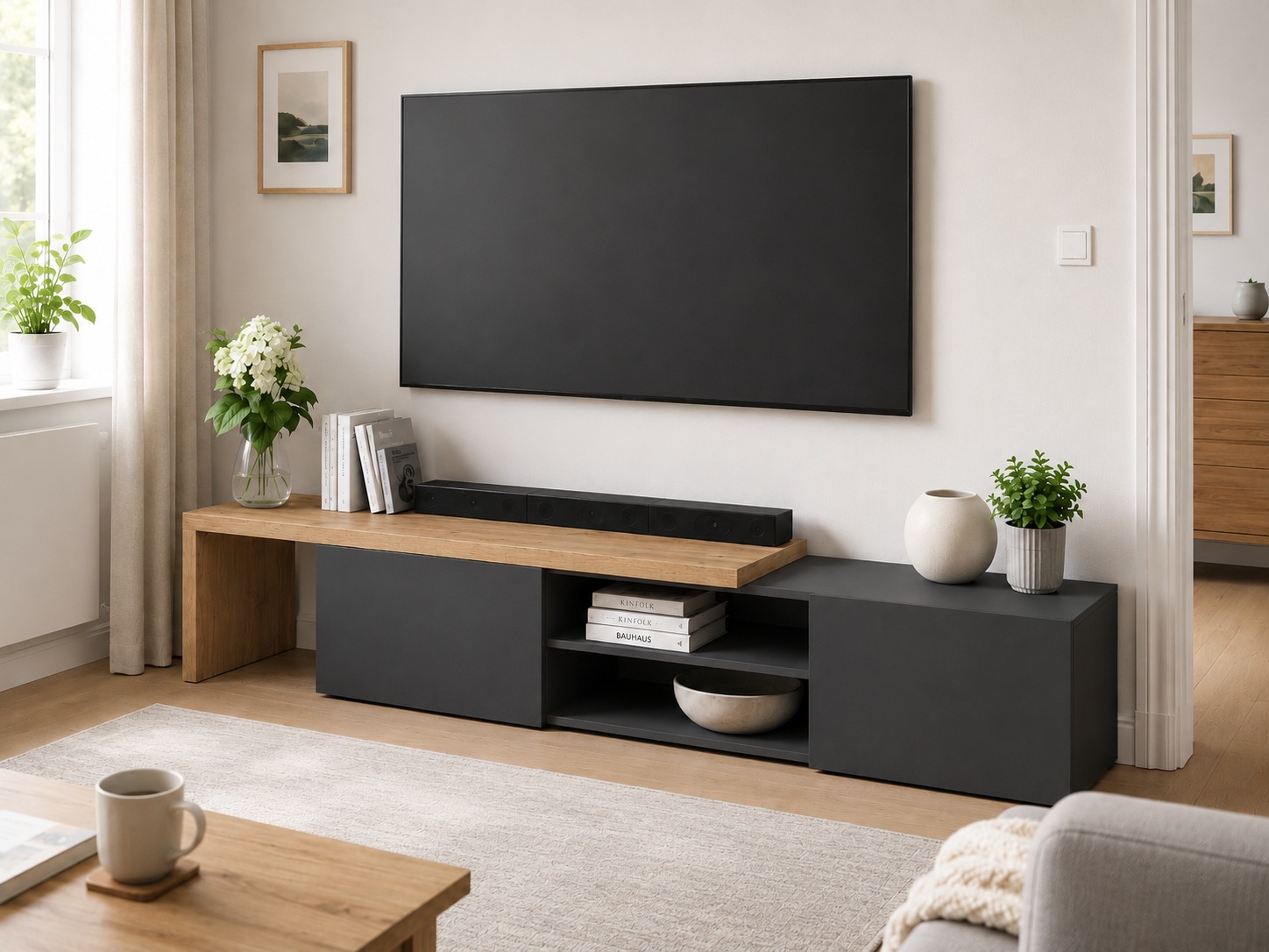 Image of GOODproduct Lowboard "New Garda,Lowboard mit Aufsatz,TV-Board mit Ausatz,TV-Schrank-Tv Bank" 1 Stk. tlg. Breite verstellbar v. 183 bis 310 cm,2 Klappen und L-Förmiger Aufsatz