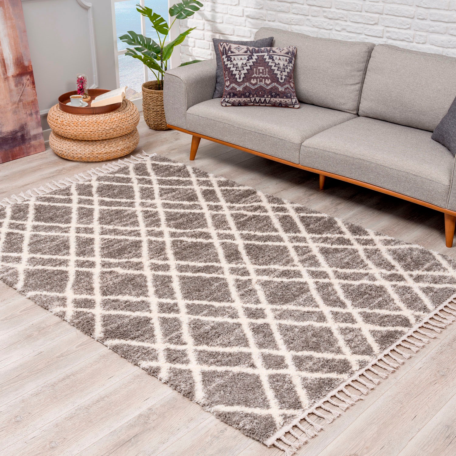 Image of Carpet City Hochflor-Teppich "Pulpy 540" rechteckig 30 mm Höhe besonders weich, mit Fransen, Rauten-Optik