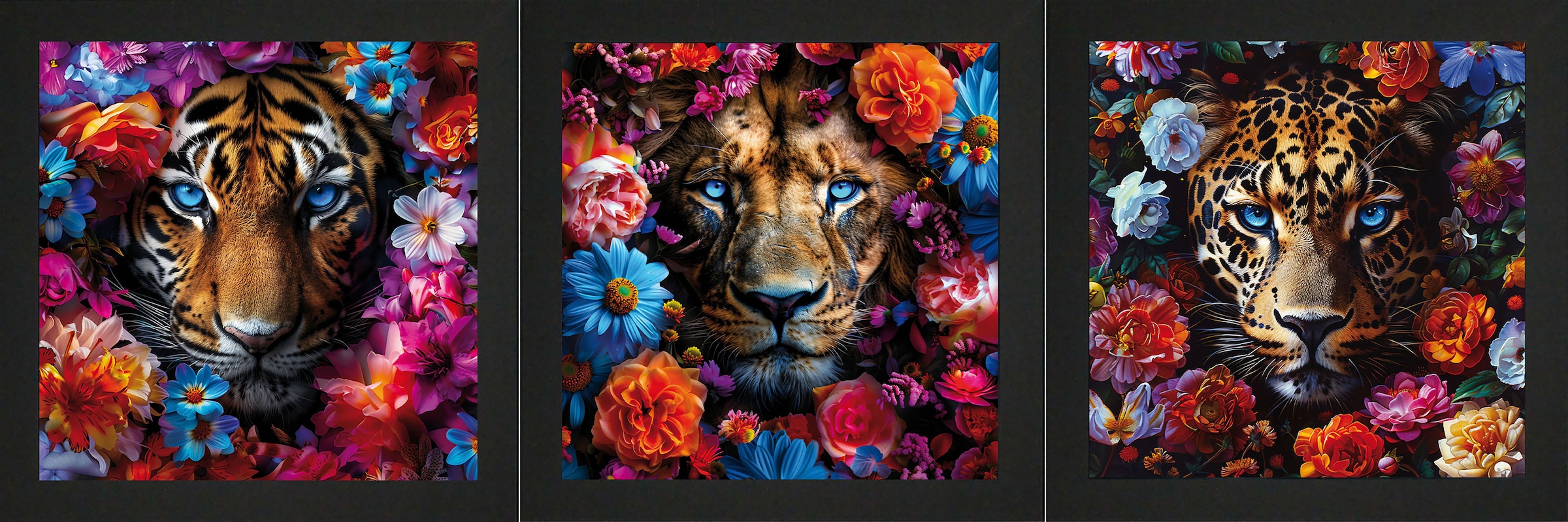 Image of Bönninghoff Bild mit Rahmen "3er-Set gerahmte Bilder TIGER LÖWE 3x23x23 cm – Tiermotiv modern" Blumen Blumenbilder Kunst Löwen Raubkatzen Tiere Tiger 3 Stk. tlg. mehrteiliges Bilder-Set, harmonisch aufeinander abgestimmt