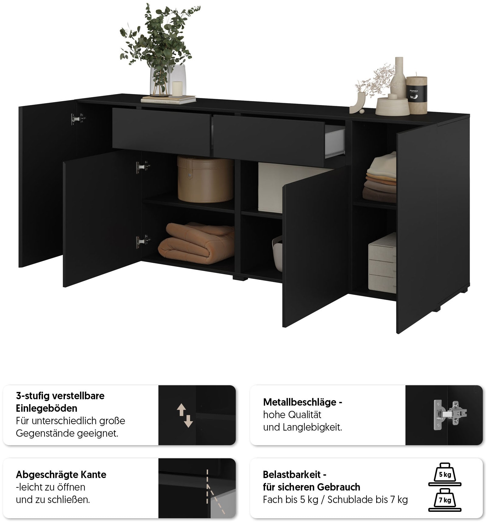 INOSIGN Sideboard »Metric,Breite 195 cm, grifflose Kommode 4 Türen/2 Schubkästen« Schubladenschrank mit viel Stauraum, Einlegeböden verstellbar