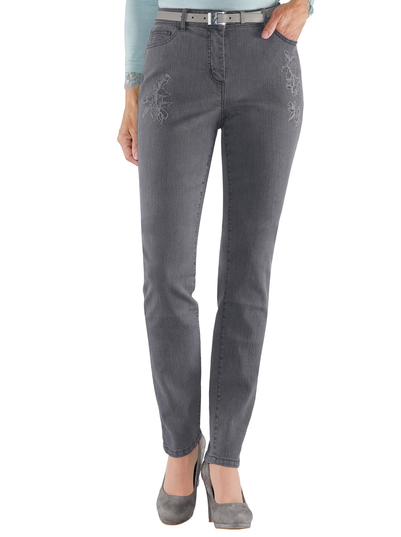 Classic Inspirationen Jeans mit Ton-in-Ton-farbiger Blütenstickerei