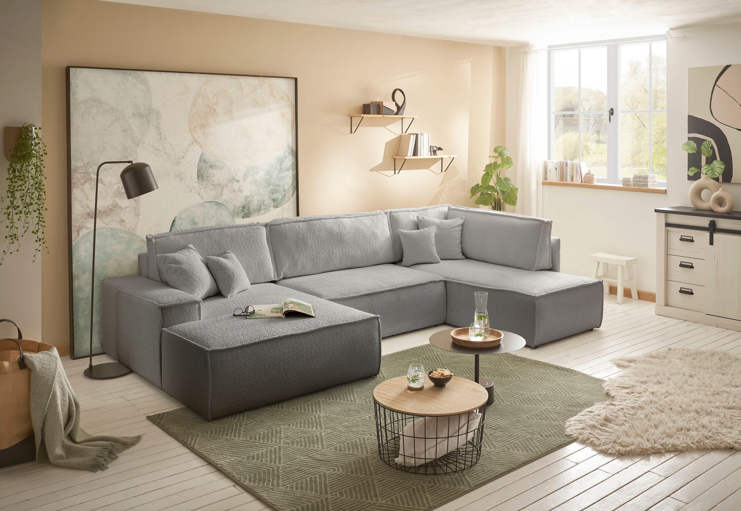 andas Wohnlandschaft »FINNLEY U-Form XXL 329 cm, Schlafsofa, Schlaffunktion m. Bettkasten«, (194/139 cm), Bouclé u. Struktur