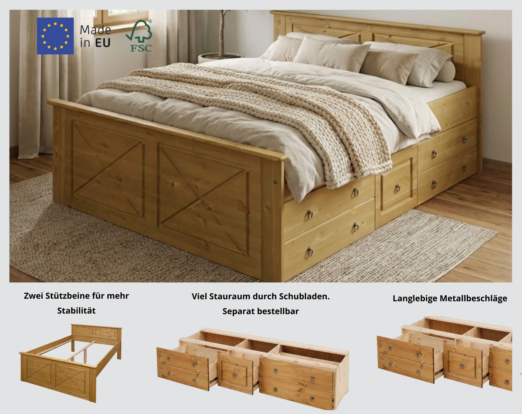 GOODproduct Bett »Hugo, Massivholzbett, FSC® zertifiziertes Massivholz« B/T/H: 153/208/84 cm,  aus massiver Kiefer, ohne Lattenrost,140x200 cm, Bettkasten optional