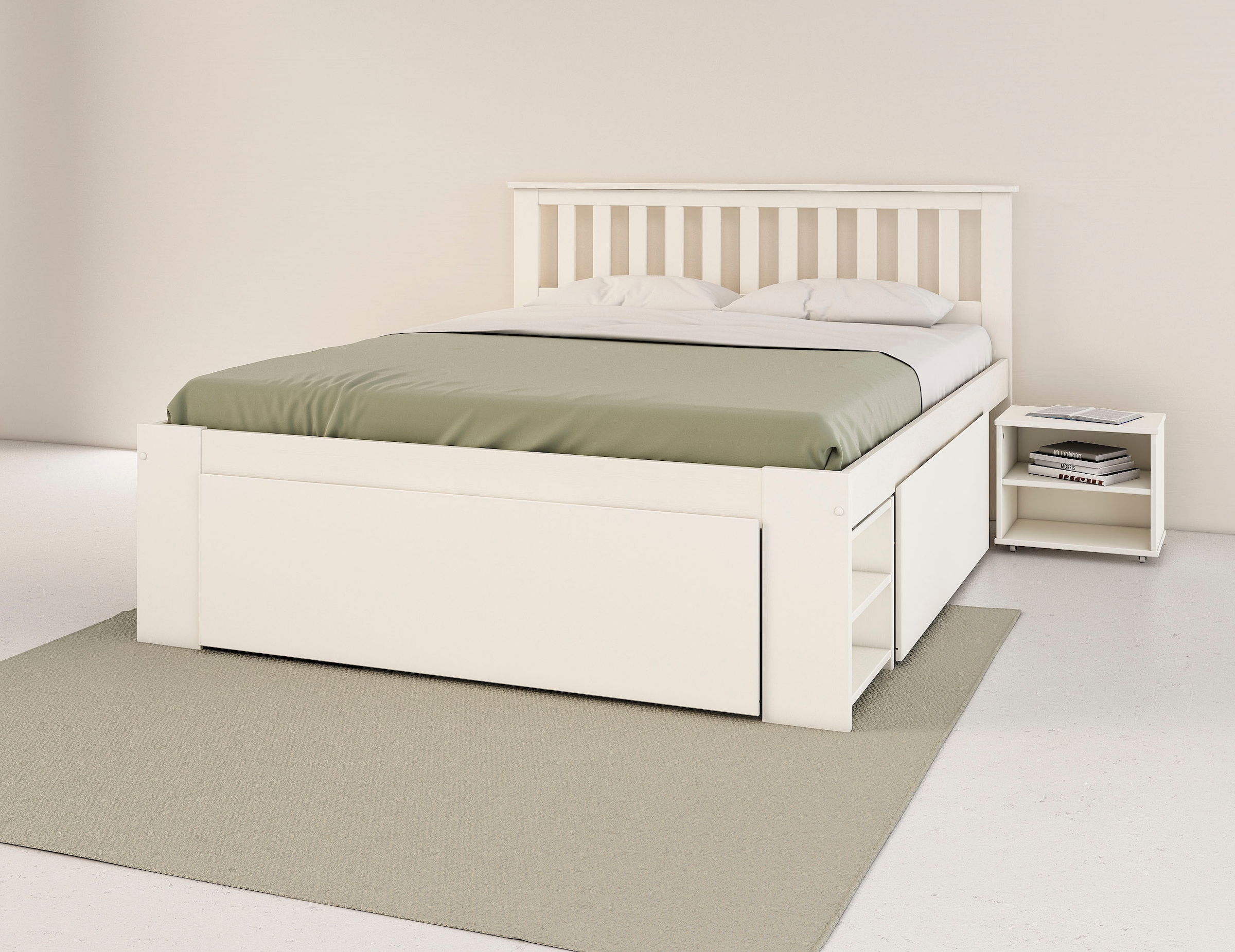 GOODproduct Massivholzbett »Kallvin, platzsparend, 3 Bettkästen, Nachtschränke ausziehbar« inklusive Lattenrost, ideal fürs Jugendzimmer und kleine Räume, FSC®
