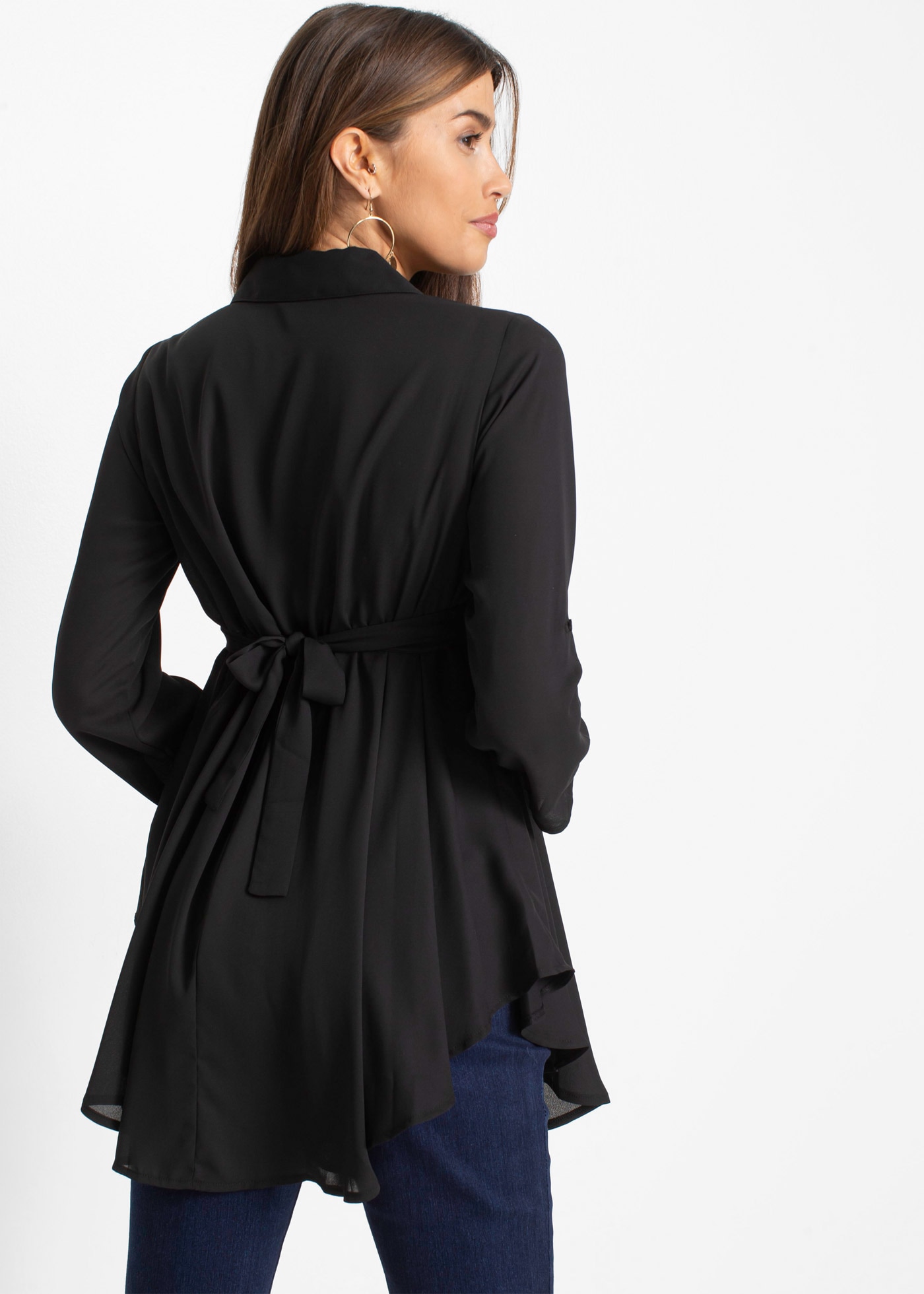 bonprix Chemisier long »Longbluse« mit Gürtel,  ausgestellte Passform, mit Hemdblusenkragen, unifarben