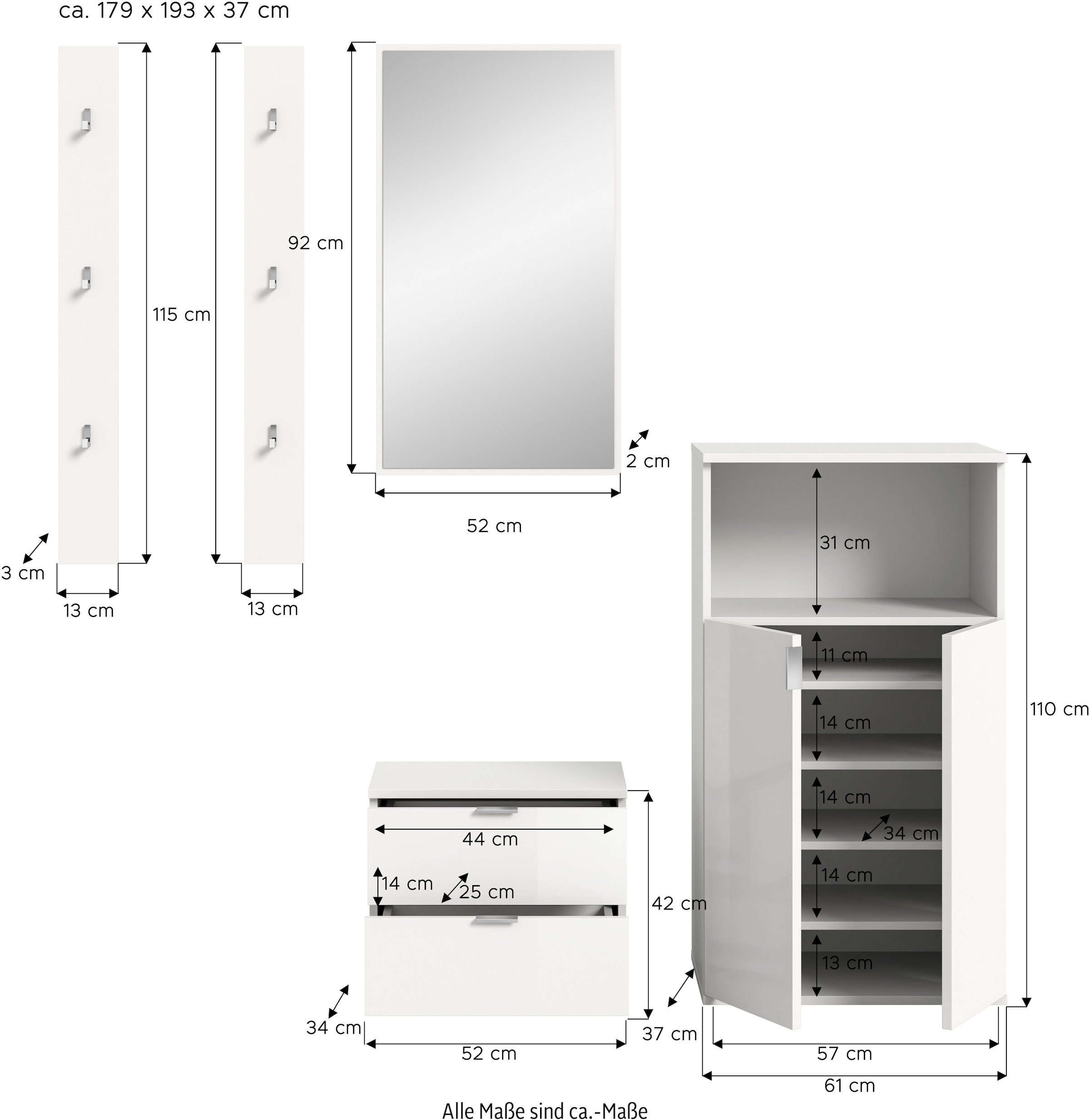 INOSIGN Garderoben-Set »Trondheim, Garderobenset 4-tlg. Breite 176 cm,«, (4 St.), hochglanz, best. aus: Spiegel, 2er Set Paneele, 2x Kommoden, Flur