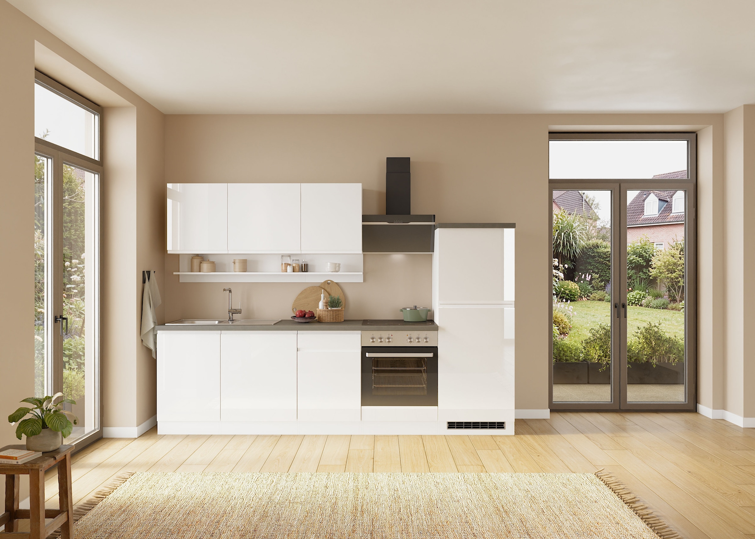 KOCHSTATION Kitchenette »KS-Virginia,neu in verbesserter Ausführung« plan de travail épaisseur 38 mm, rangement, fermeture douce,  Largeur 280 cm, fermeture douce, avec ou sans appareils électriques