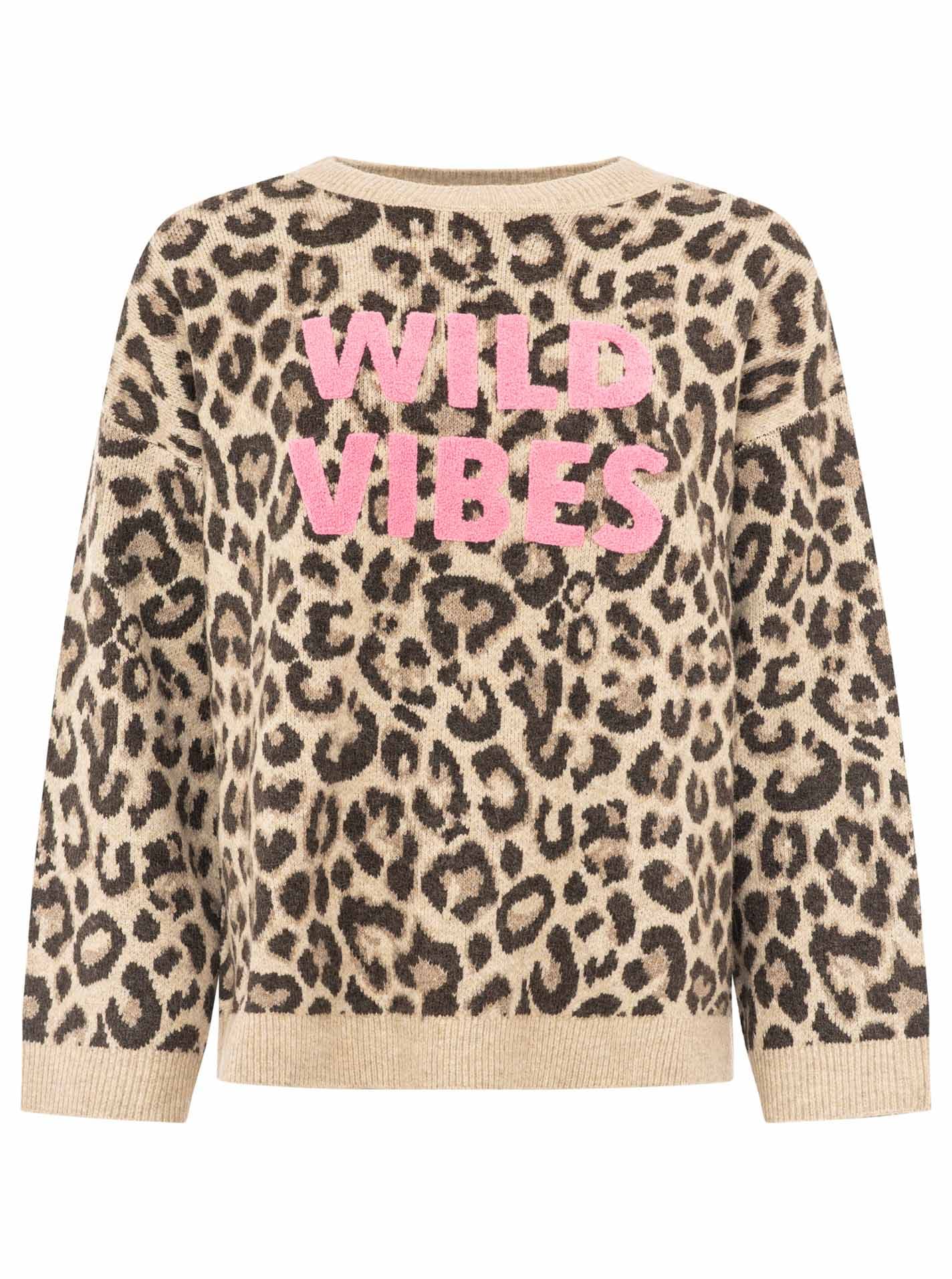 Zwillingsherz Strickpullover »"WILD VIBES"« Leomuster, Rundhals, pinker Schriftzug, uni Bündchen, oversize