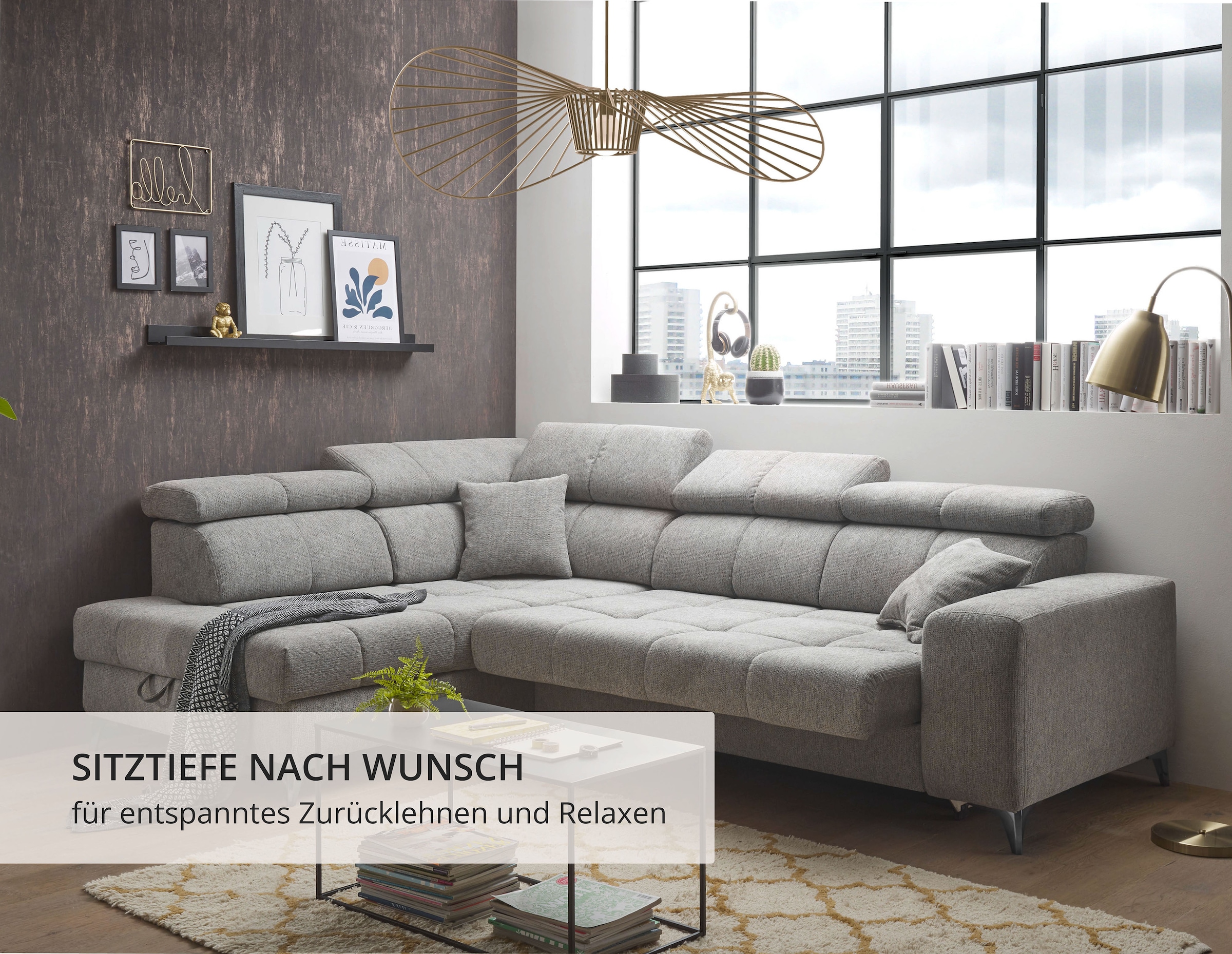 ED EXCITING DESIGN Ecksofa »Sydney L-Form« motorischer Sitztiefenverstellung, USB-Port & 2 Zierkissen