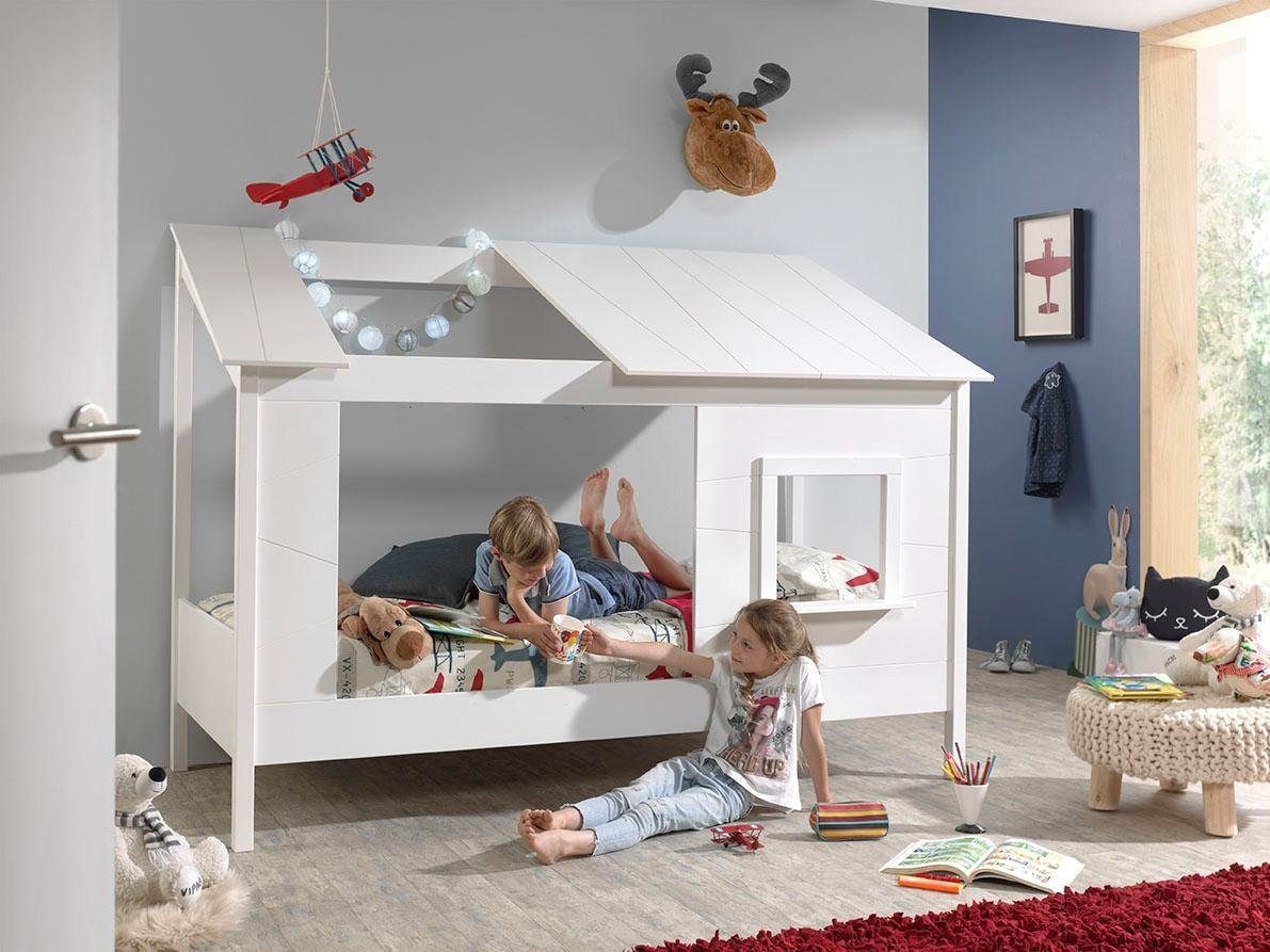 Vipack Kinderbett »Hausbett, aus MDF und Massivholz weiss lackiert, inkl. Fenster vorne« B/H/T ca. 214x158,5x105cm, seitl. und hinten offen,  wahlweise mit oder ohne Bettschublade auf Rollen