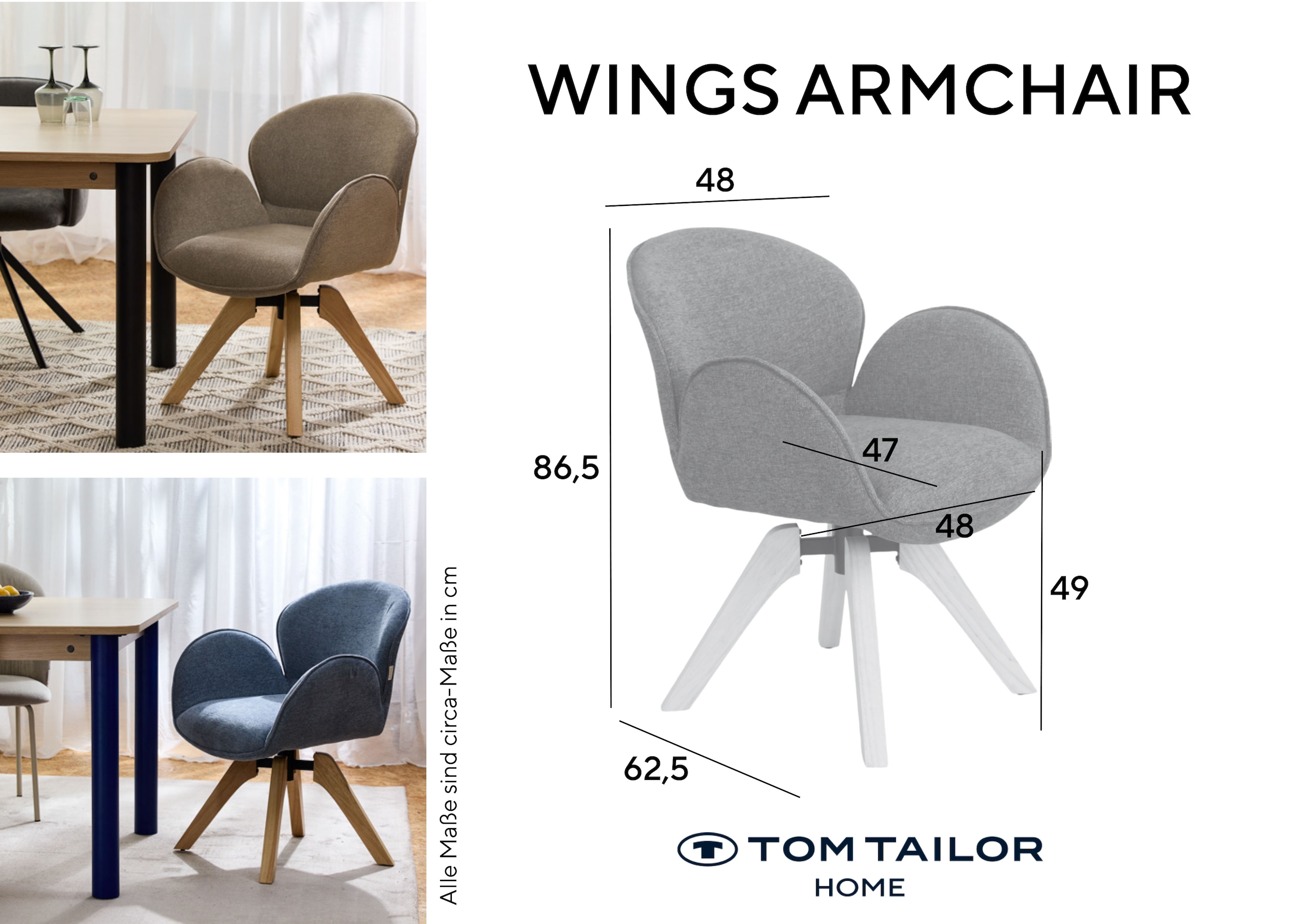 TOM TAILOR HOME Armlehnstuhl »WINGS ARMCHAIR« (Set) 2 Stk.mit Armlehnen, drehbar, Rückholfunktion, Massivholzgestell