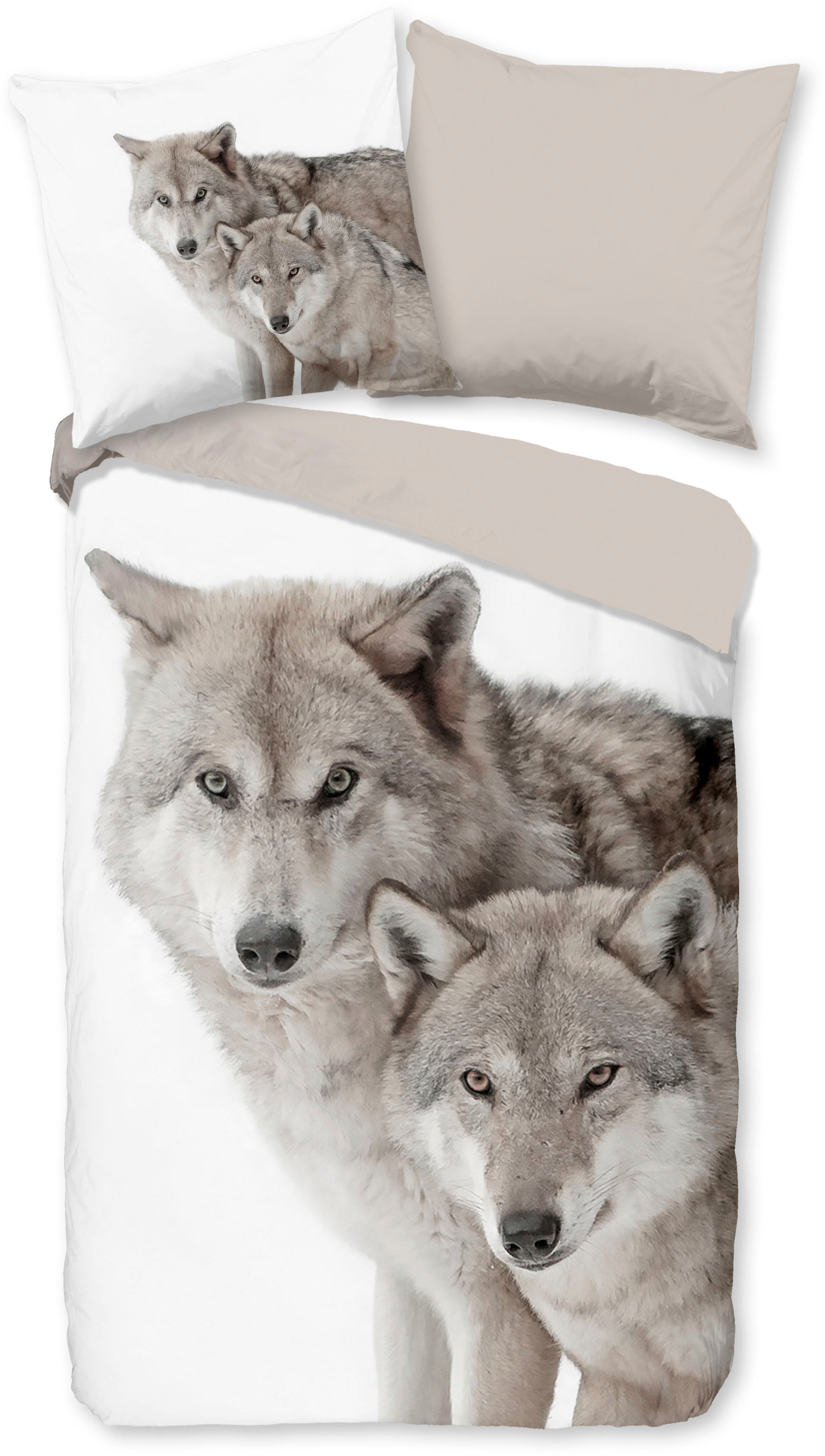 good morning Wendebettwäsche »Fera«, Biber, 135x200, Warm, Weich, Wendeoptik, Reissverschluss, Wolf, Sand