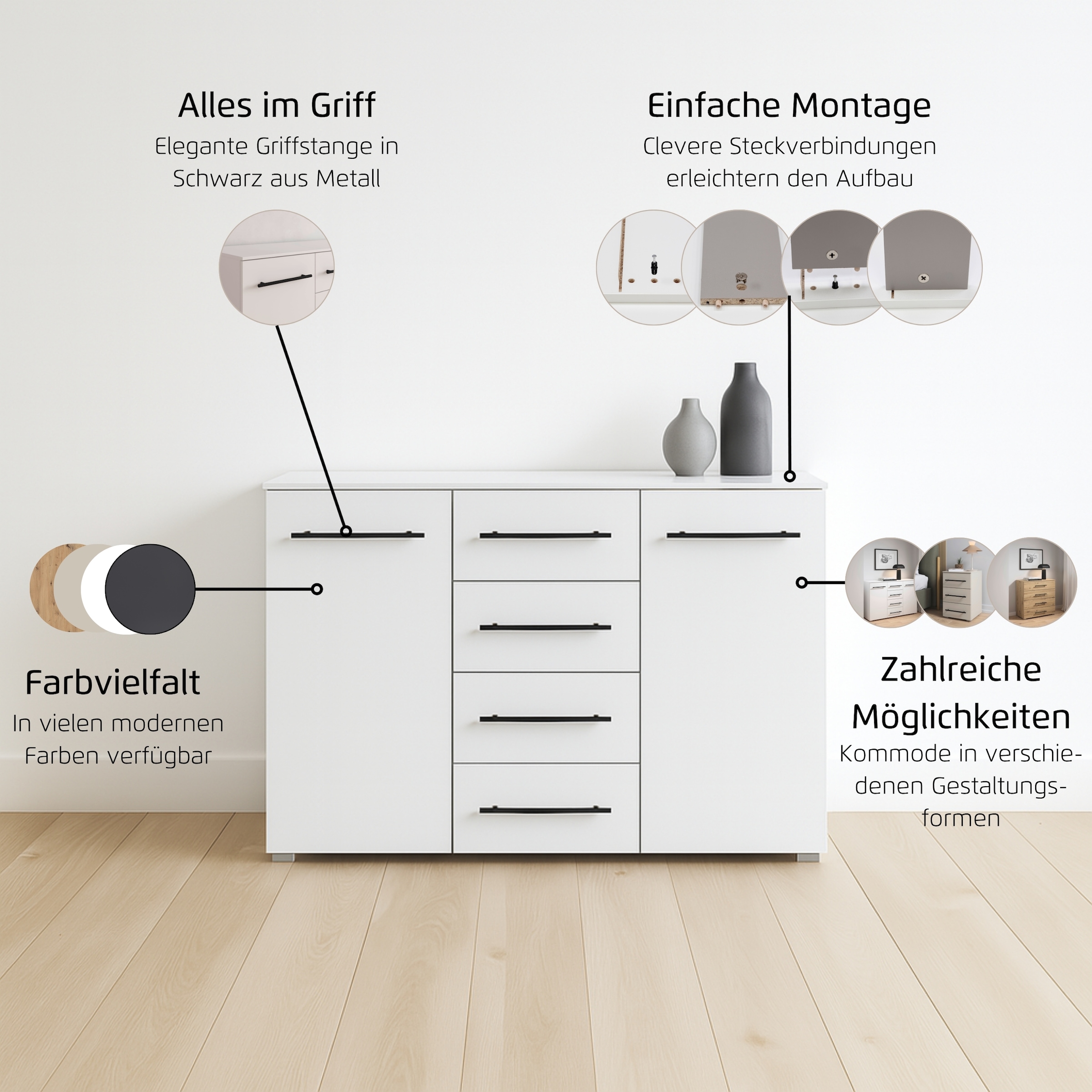 GOODproduct Commode combinée »Highboard Sideboard Schubladenkommode Kommode Schlafzimmer AVOLA« Largeur 120 cm avec fonction SOFT-CLOSE et façade décorative,  quatre grands tiroirs et 2 portes, avec 4 étagères MADE IN GERMANY
