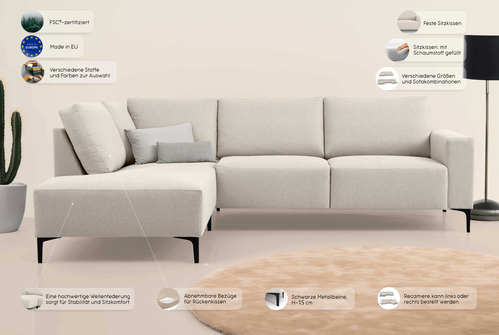 Home affaire Ecksofa »Tournon, L-Form, Breite 256 cm, Webstoff, Chenille«, Designsofa im nordischen Stil, Wellenunterfederung, Metallfüsse
