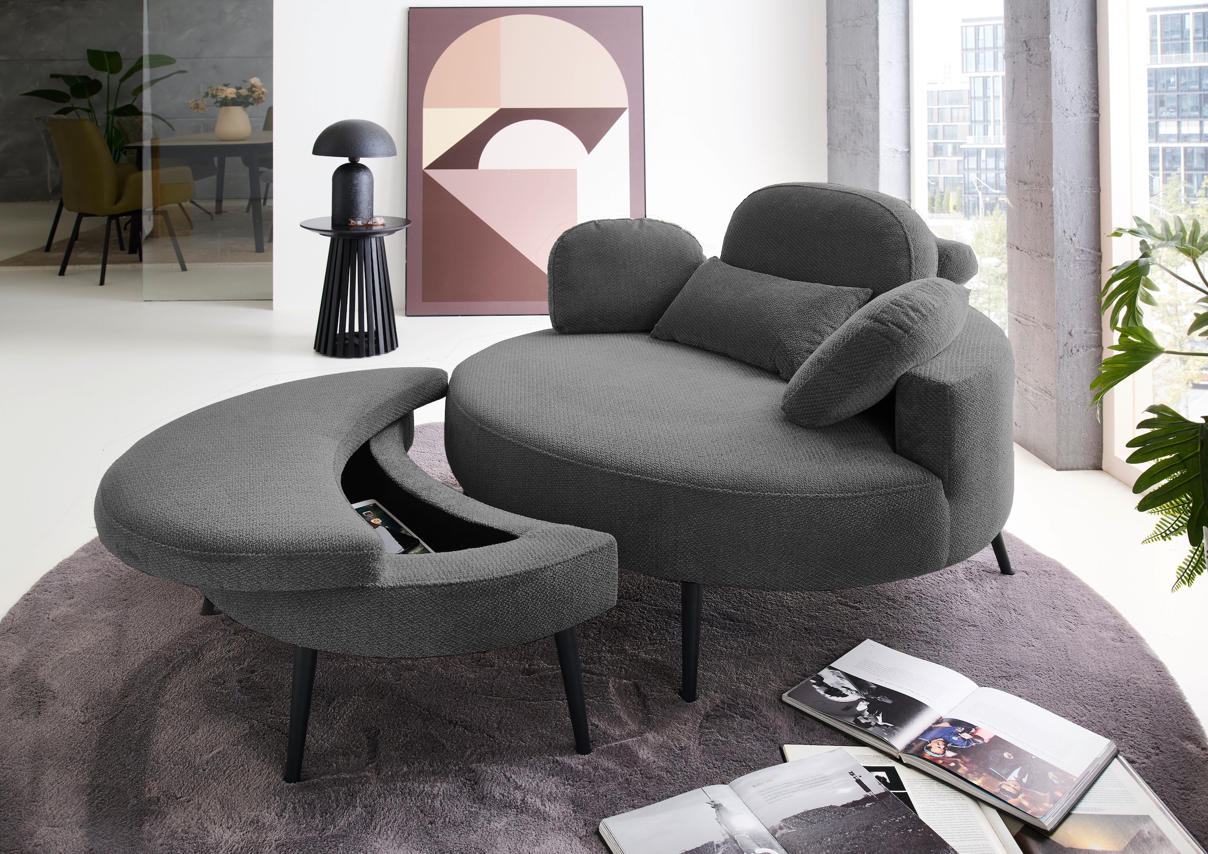 GOODproduct Canapé 2 places »Riko Sessel, B: 110 cm, Sitzhöhe: 44 cm« XXL- Sessel, mit Stauraumhocker, Rückenstütze & 4 Zierkissen