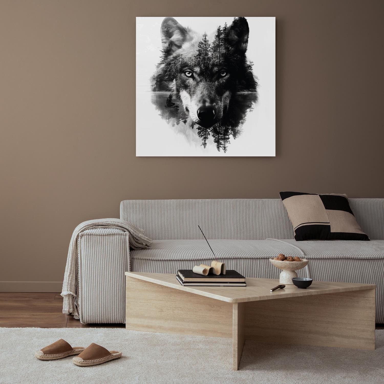 queence Acrylglasbild »Wolfsgesicht«, Baumbilder-Bäume-Gesicht-Kunst-Landschaft-mystischer Wald-Natur-Schwarz-Weiss-Wald-Waldbilder-Wildtiere-Wolfbilder-Wölfe, (1 St.), Fine Art-Print in Galeriequalität