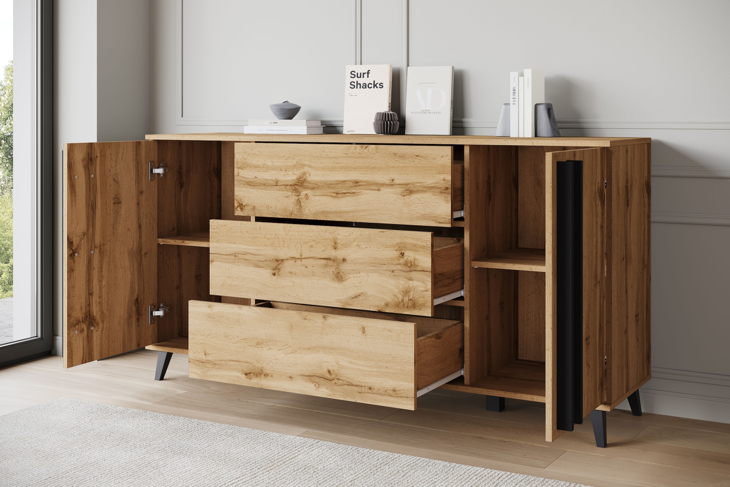 Home affaire Buffet »Helsinki, Kommode mit 2 Türen und 3 Schubladen, Breite 150 cm« 1 cuis tlg. Tiroirs push-to-open, étagères réglables en hauteur