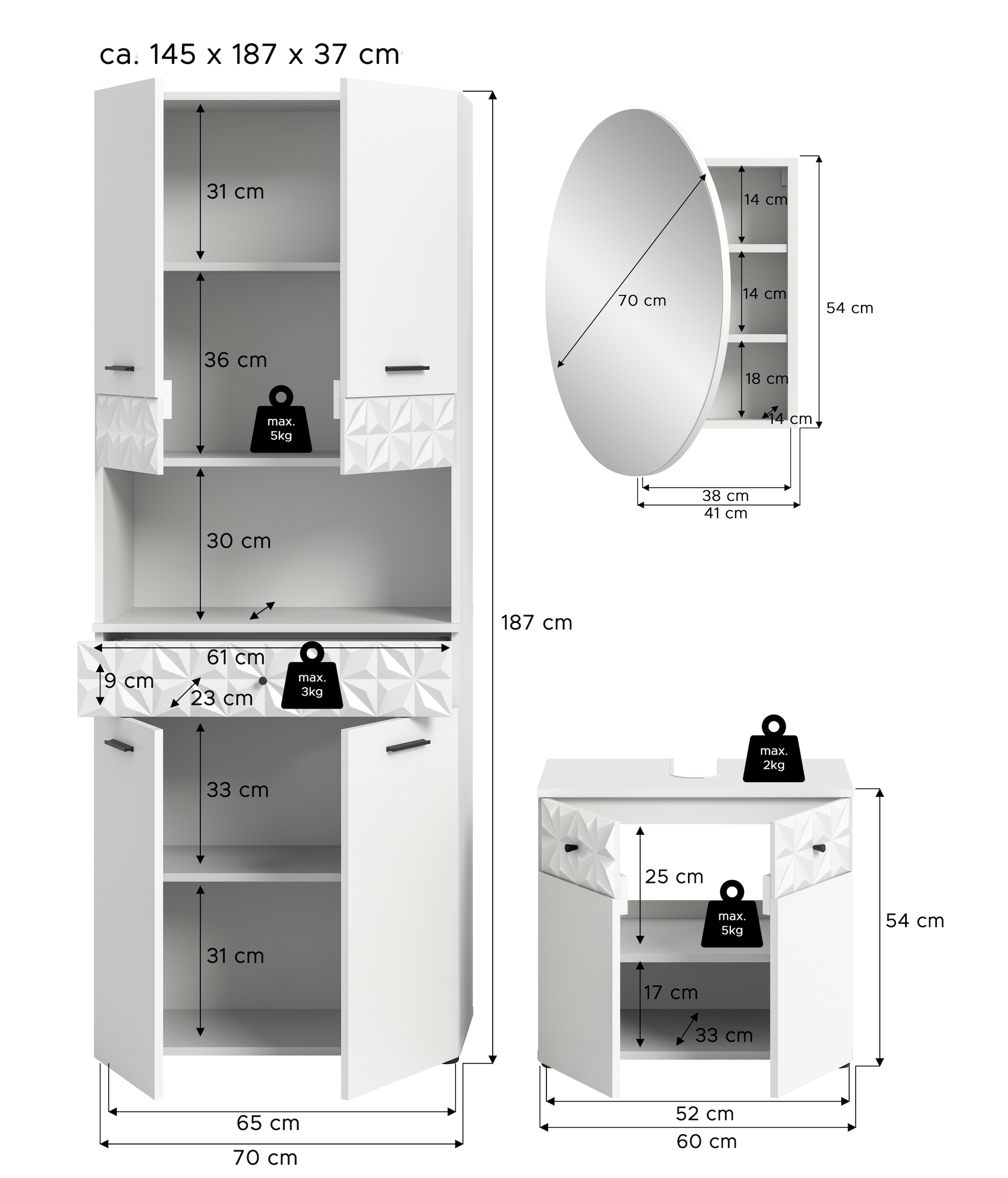 INOSIGN Ensemble de salle de bains »VICENZA, TOPSELLER!, Breite 145cm, 3-teilig, mit Ornamentabsetzung« best. aus: Hochschrank, Waschbeckenunterschrank und Spiegelschrank, 