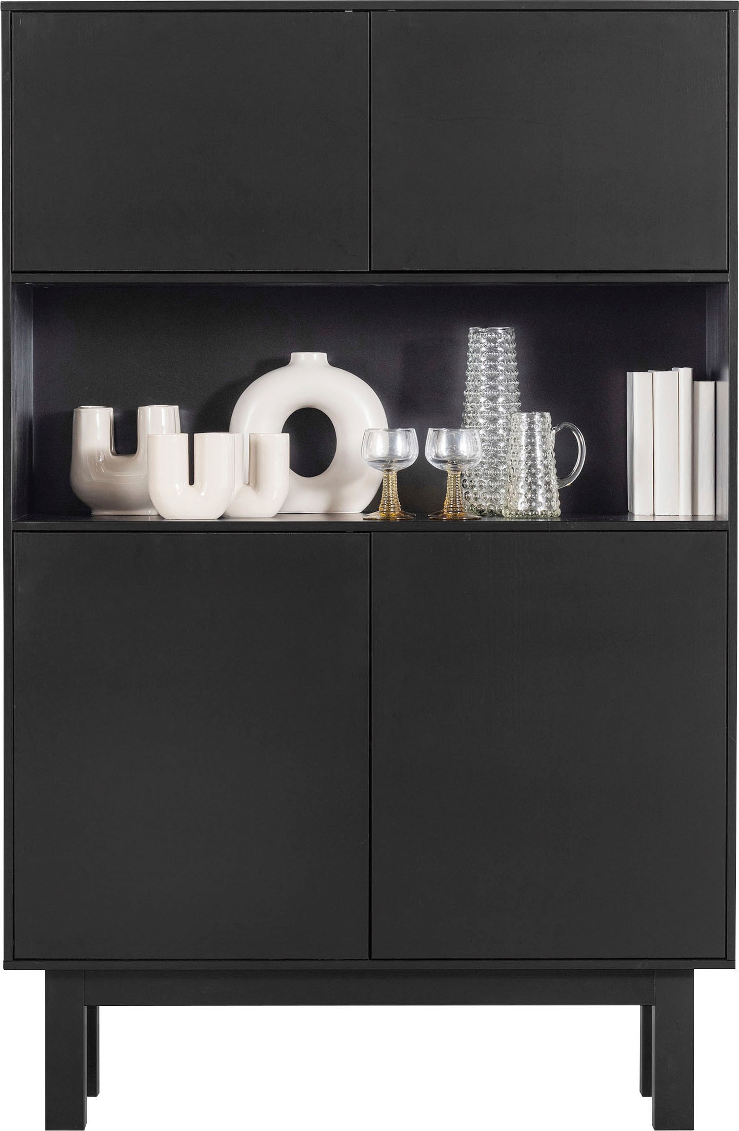 WOOOD Buffet »Finca FSC®-Kiefernholz mit Druckmechanismus, H 170 x B 110 x T 40 cm« charge maximale 10 kg par tablette, compartiment central ouvert, veinage visible