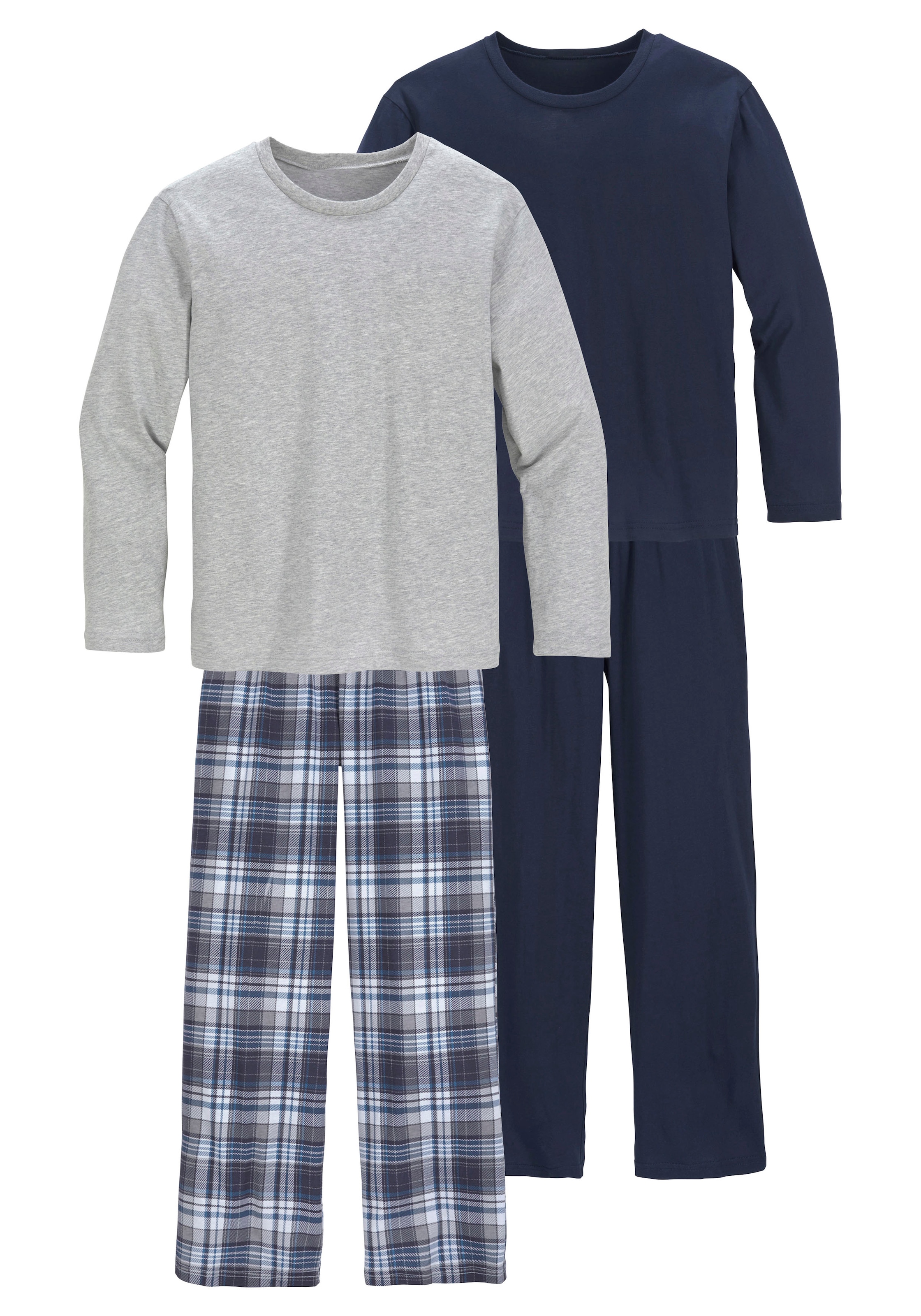 le jogger® Pyjama Packung, 2 Stück, 4 pièces Schlafanzug in langer Form, Hose 1x uni und 1x kariert