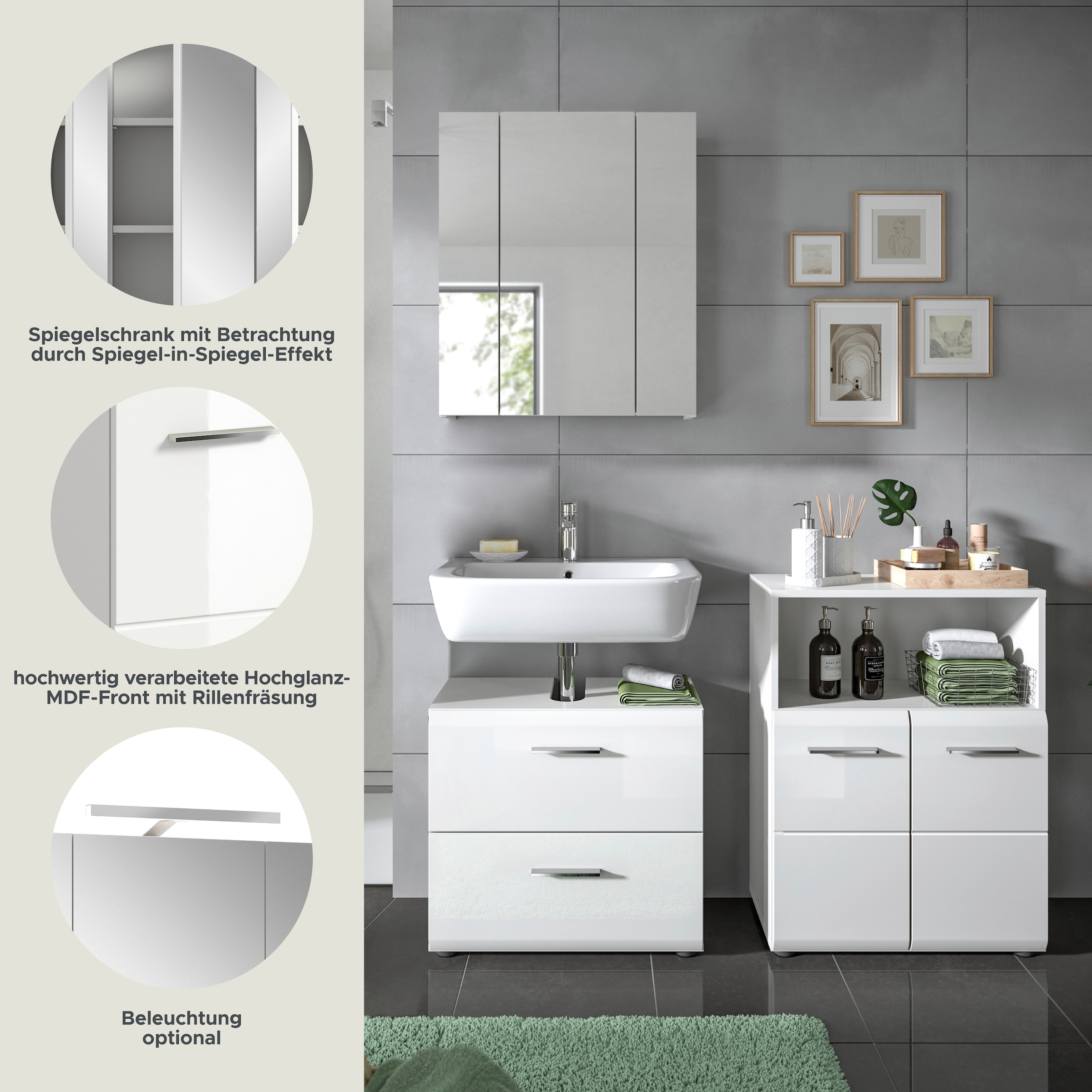 INOSIGN Badmöbel-Set »FLORENZ, TOPSELLER!, 3-teilige Badkombination, hochwertige MDF-Front« Set, best. aus: Waschbeckenunterschrank, Spiegelschrank, Midischrank breit, 