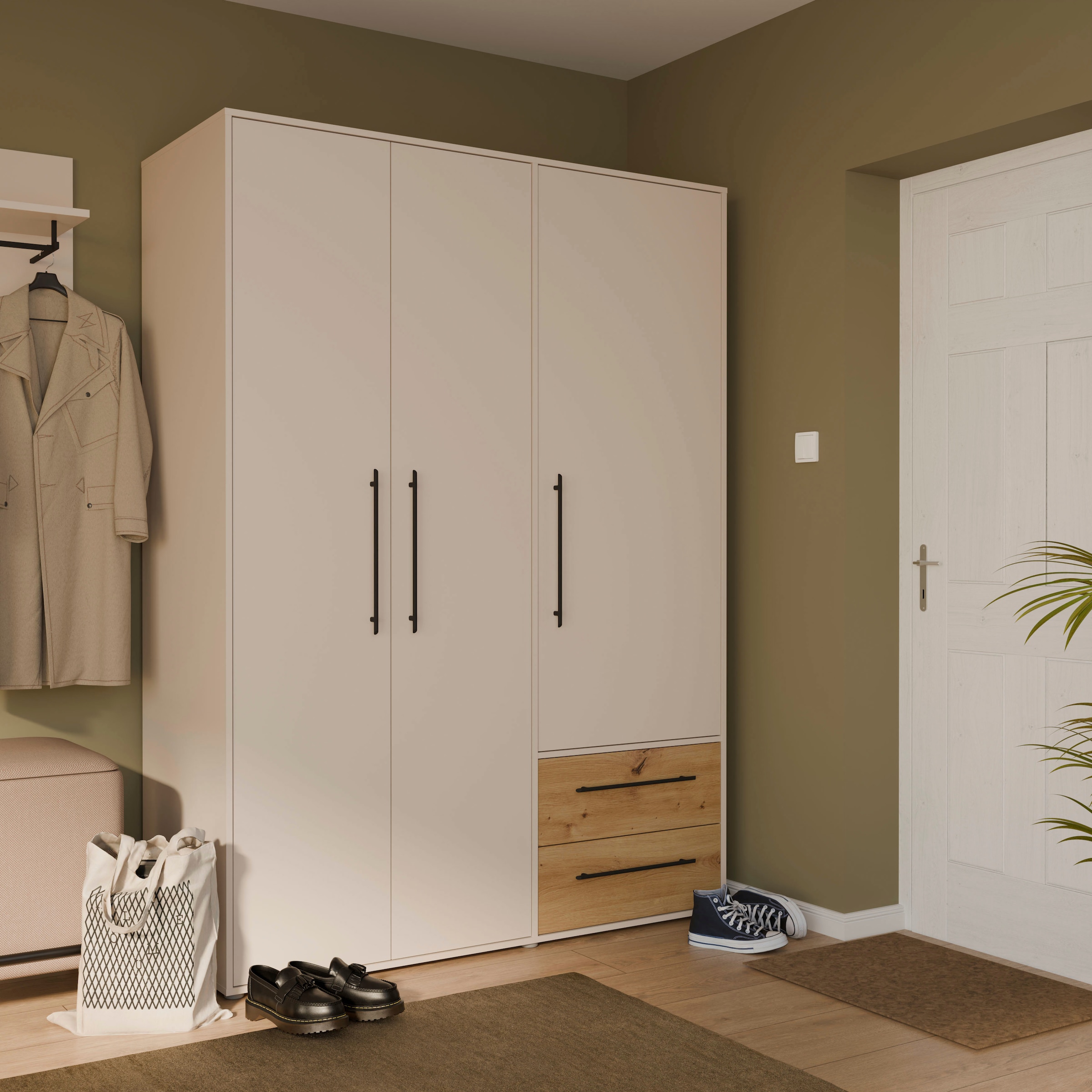 FORTE Kleiderschrank »Mokkaris , Garderobe, zeitloses Design, 3 Türen, Made in Europe« B/H/T ca. 144x200x59cm,  Zwei Schubladen, schwarze Stangengriffe, Stauraum, auch in Schwarz