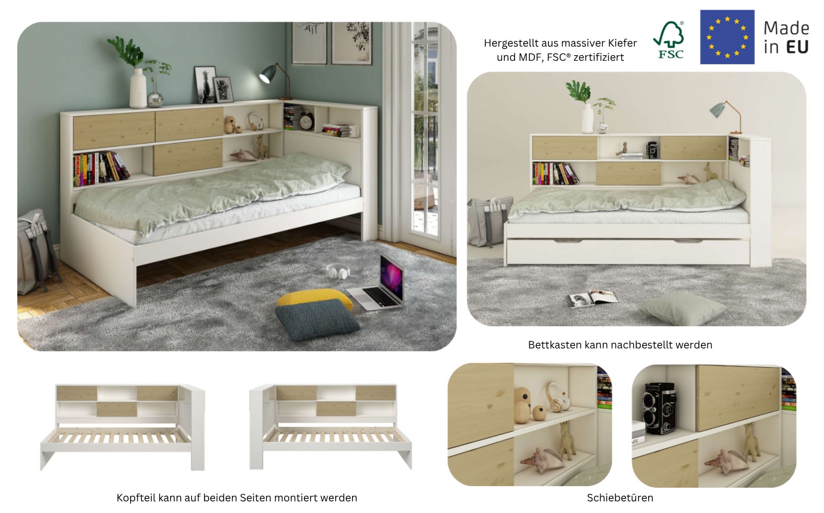 GOODproduct Stauraumbett »Amance, Kopfteil beidseitig montierbar, stabil und langlebig, Stauraum« Aussenmasse B/T/H: 110,2/220,1/106,9 cm,  FSC® zertifiziert, inklusive Lattenrost,  Made in EU,Massivholz + MDF