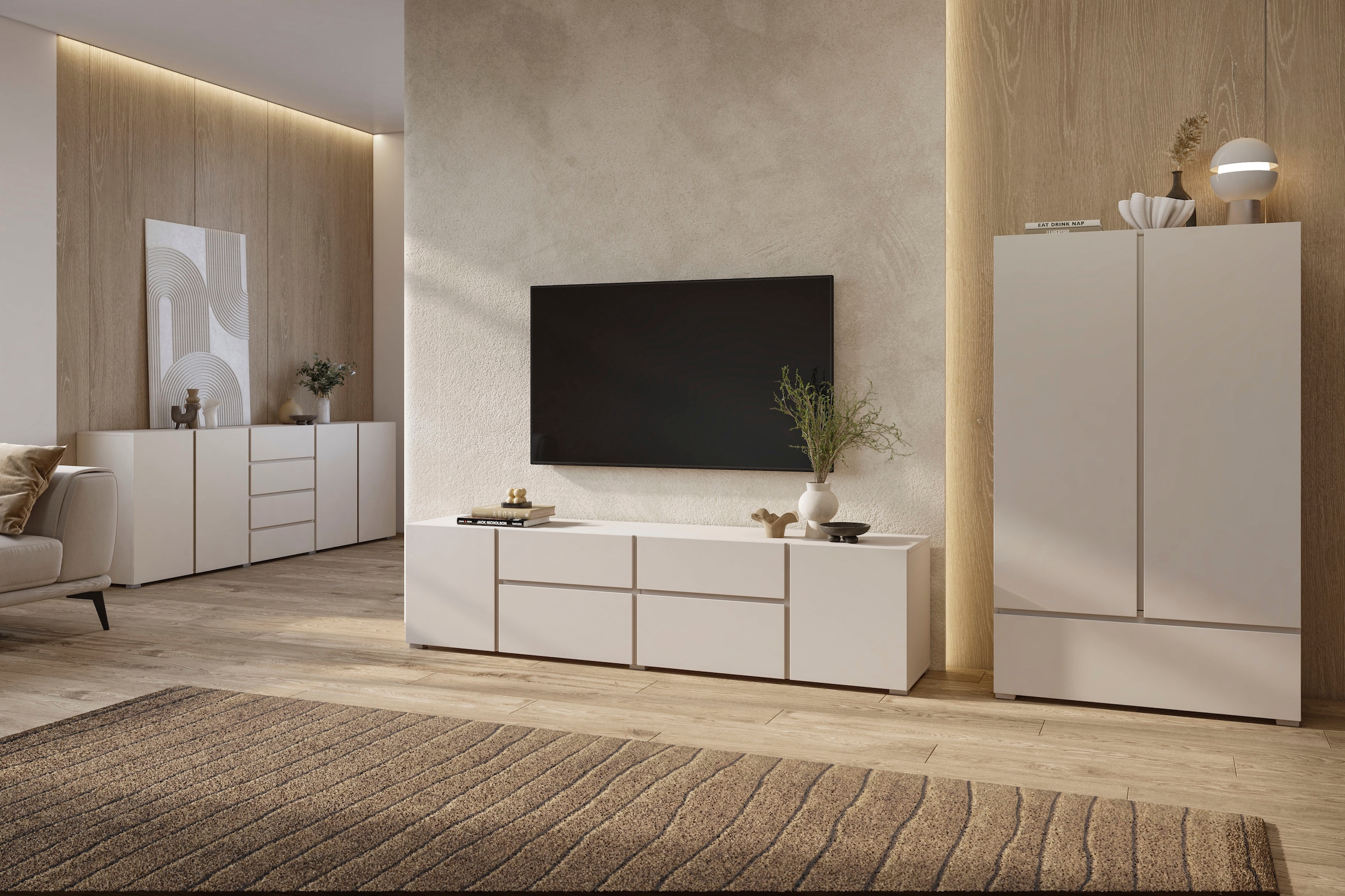 GOODproduct Sideboard »Metric,Breite 222 cm, grifflose Kommode 4 Türen/4 Schubkästen« Schubladenschrank mit viel Stauraum, Einlegeböden verstellbar