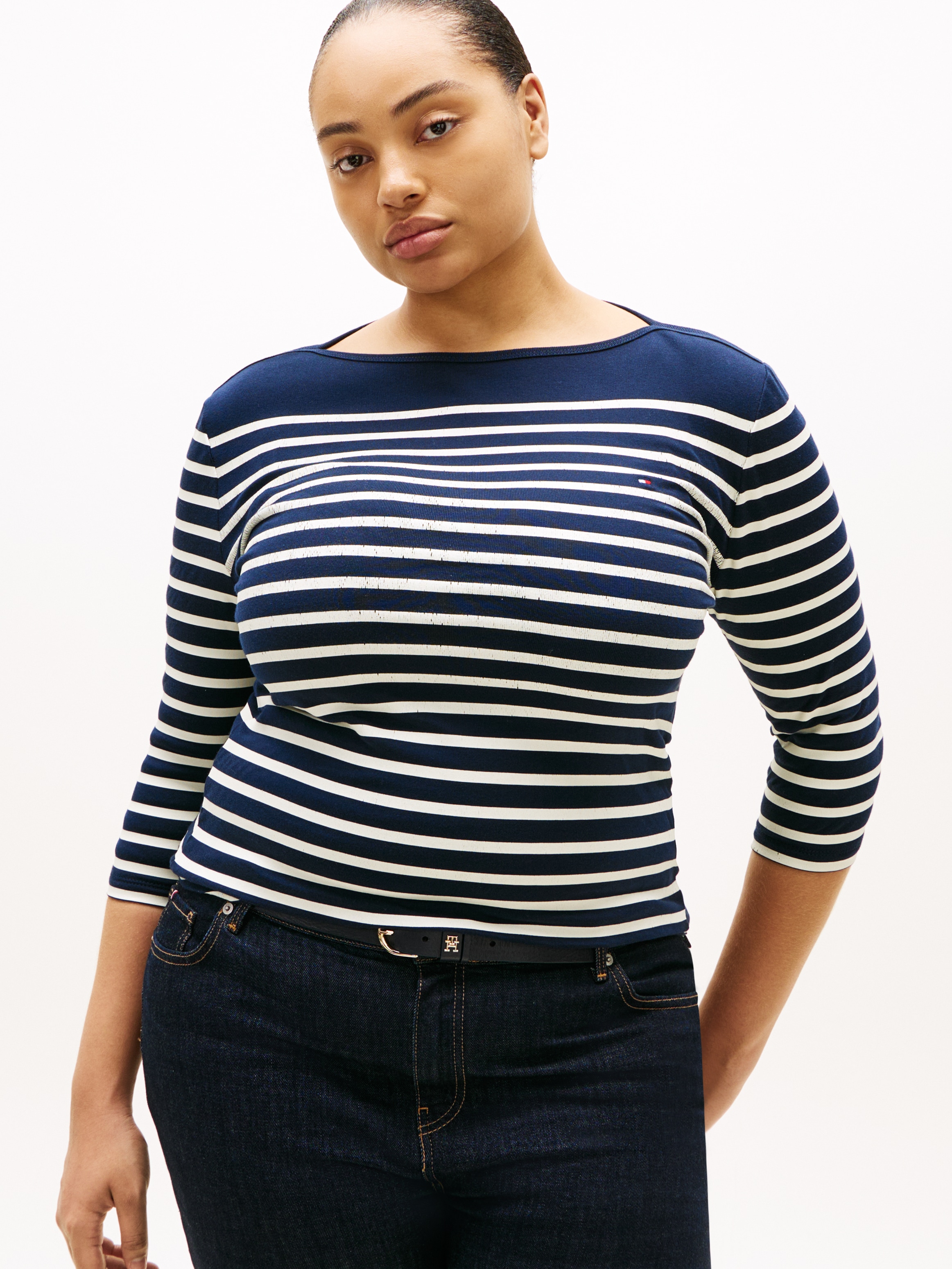 Tommy Hilfiger Curve T-Shirt »CRV SLIM CODY BOAT-NK 3/4SLV« in Grossen Grössen, 3/4 Ärmel, Logostickerei