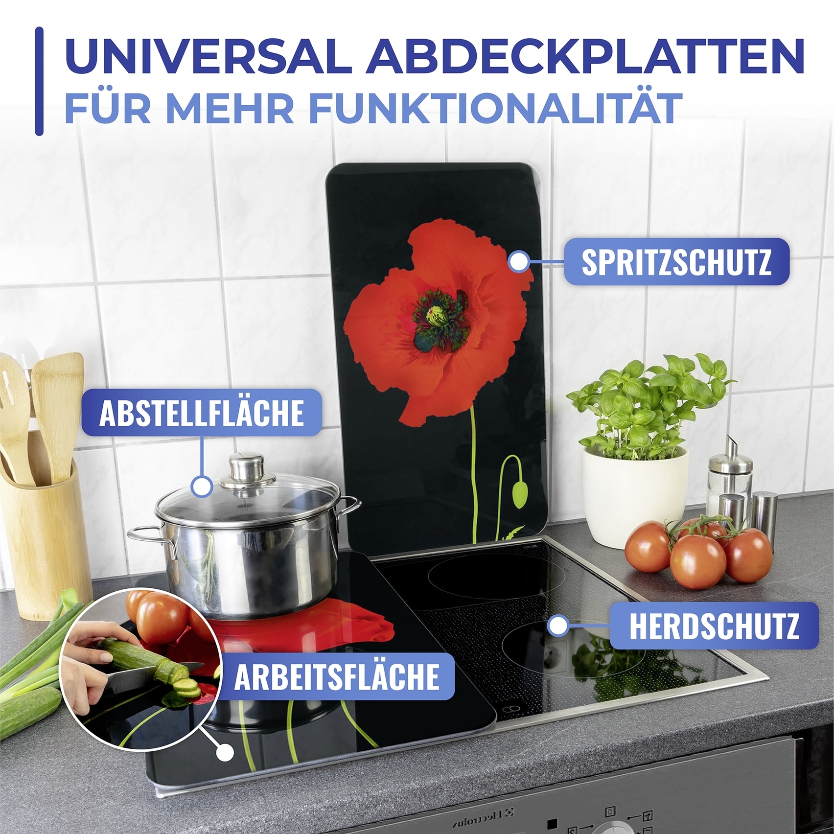 Maximex Herd-Abdeckplatte »Universal Modell Mohn«, (Set, 2 tlg.), Herdabdeckung für alle Herdarten, kratzfest, mit rutschfesten Füssen