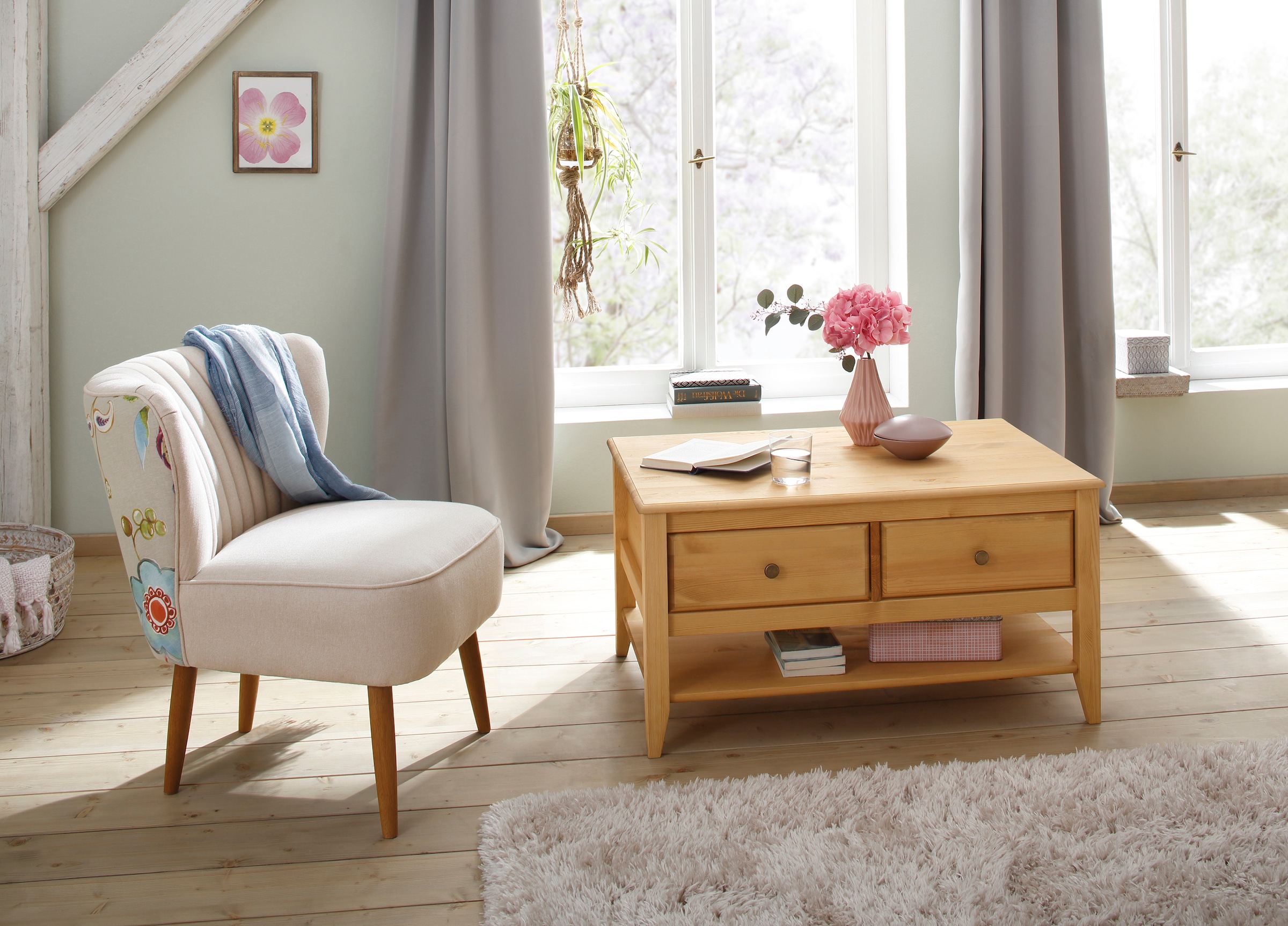 GOODproduct Couchtisch »Leonis« Breite 89 cm, mit Schubladen und Ablageboden, massiver Kiefer,  FSC®