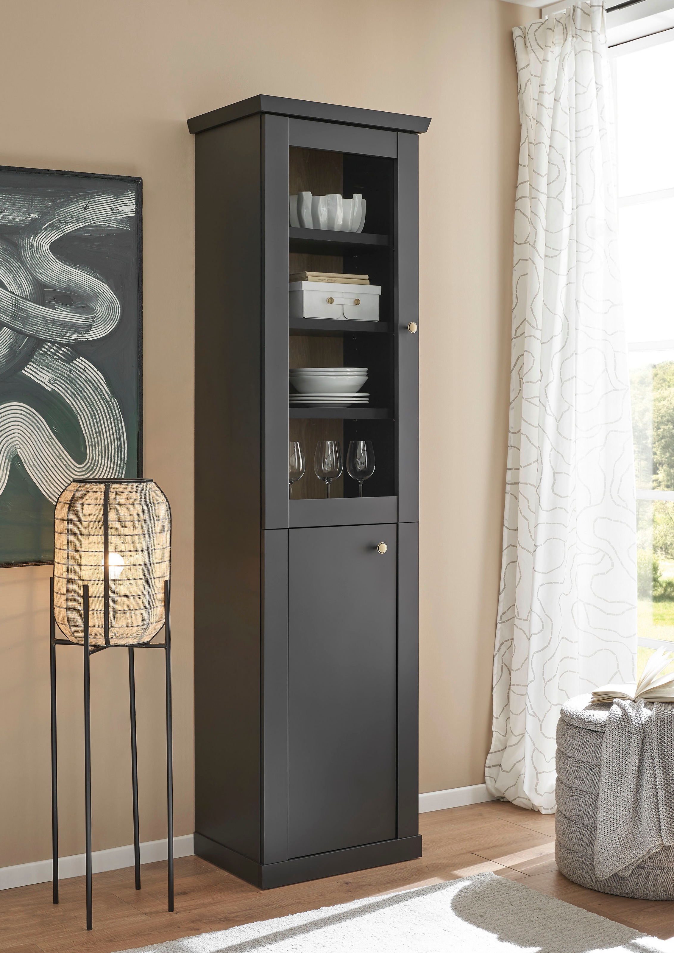 Image of Home affaire Vitrine "Lincoln, Hochschrank im Landhausstil, moderne Glasvitrine" edles Design, messingfarbene Knopfgriffe, vielseitig einsetzbar