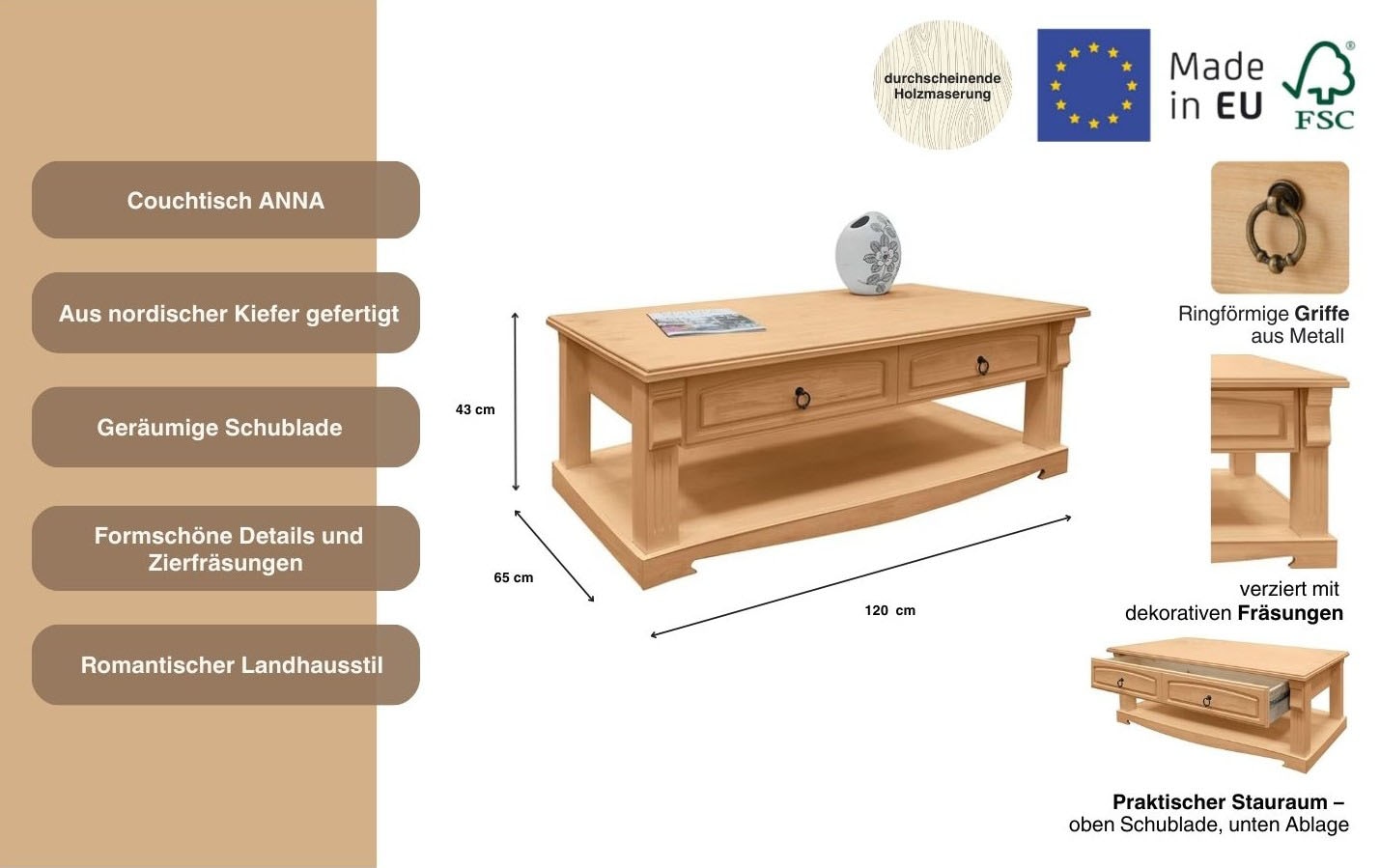 Home affaire Couchtisch »Anna«, (Gesamtmasse (B/T/H): ca. 120/65/43 cm), Kaffeetisch mit Schublade und Ablage, Massivholz, FSC®