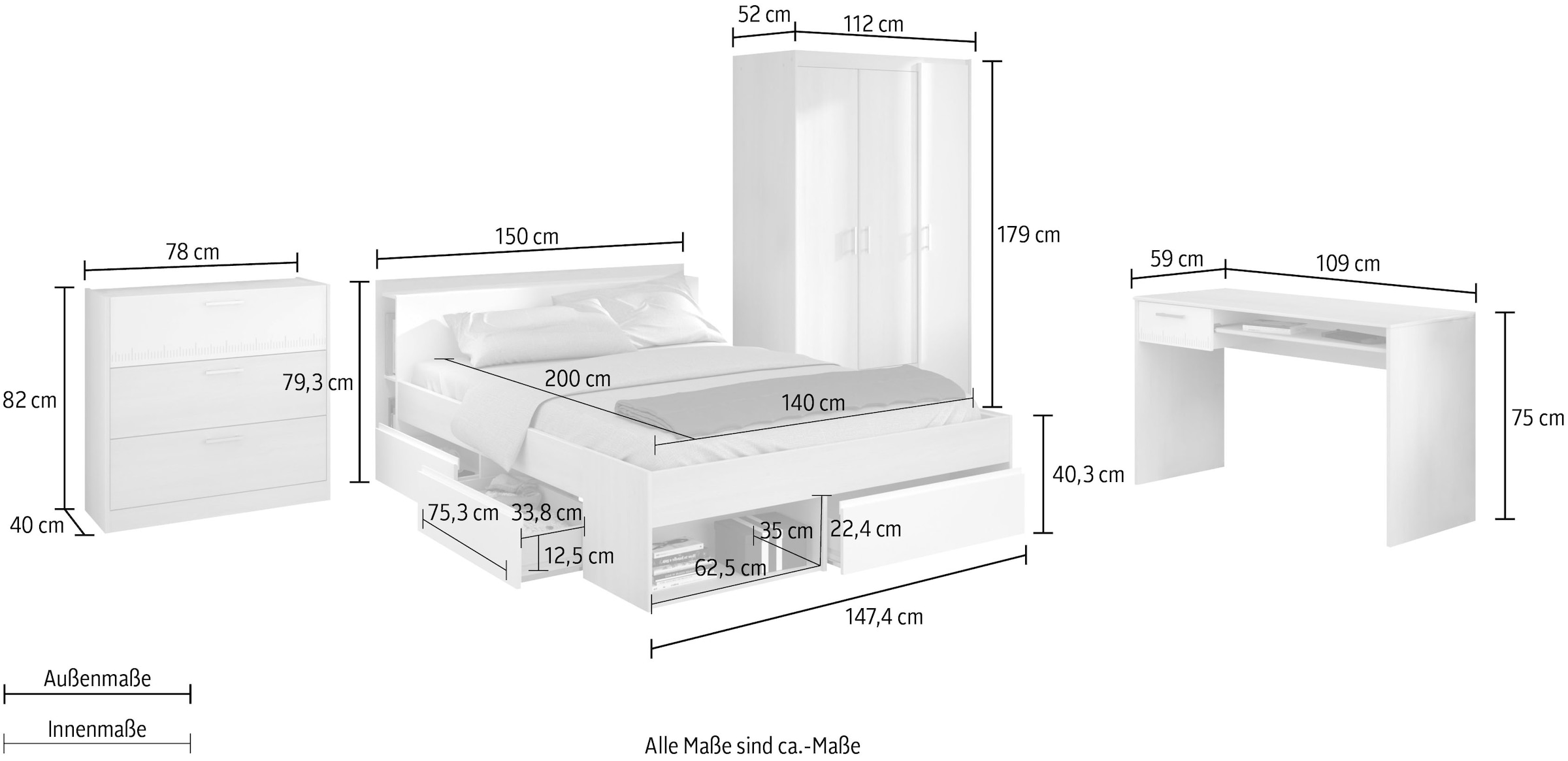 Parisot Jugendzimmer-Set »Most«, (Set, 4 tlg., Bett mit Schubkästen, Kleiderschrank, Schreibtisch, Schubkastenkommode)