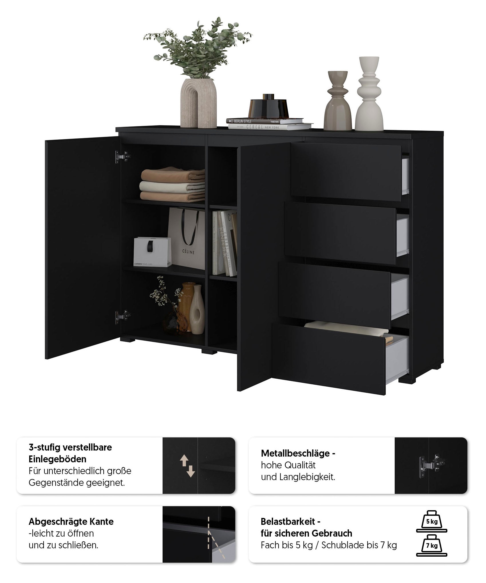 GOODproduct Highboard »Modo, Breite 150 cm, moderne grifflose Kommode 2Türen/4 SK« Schubladenkommode mit viel Stauraum, Einlegeböden verstellbar