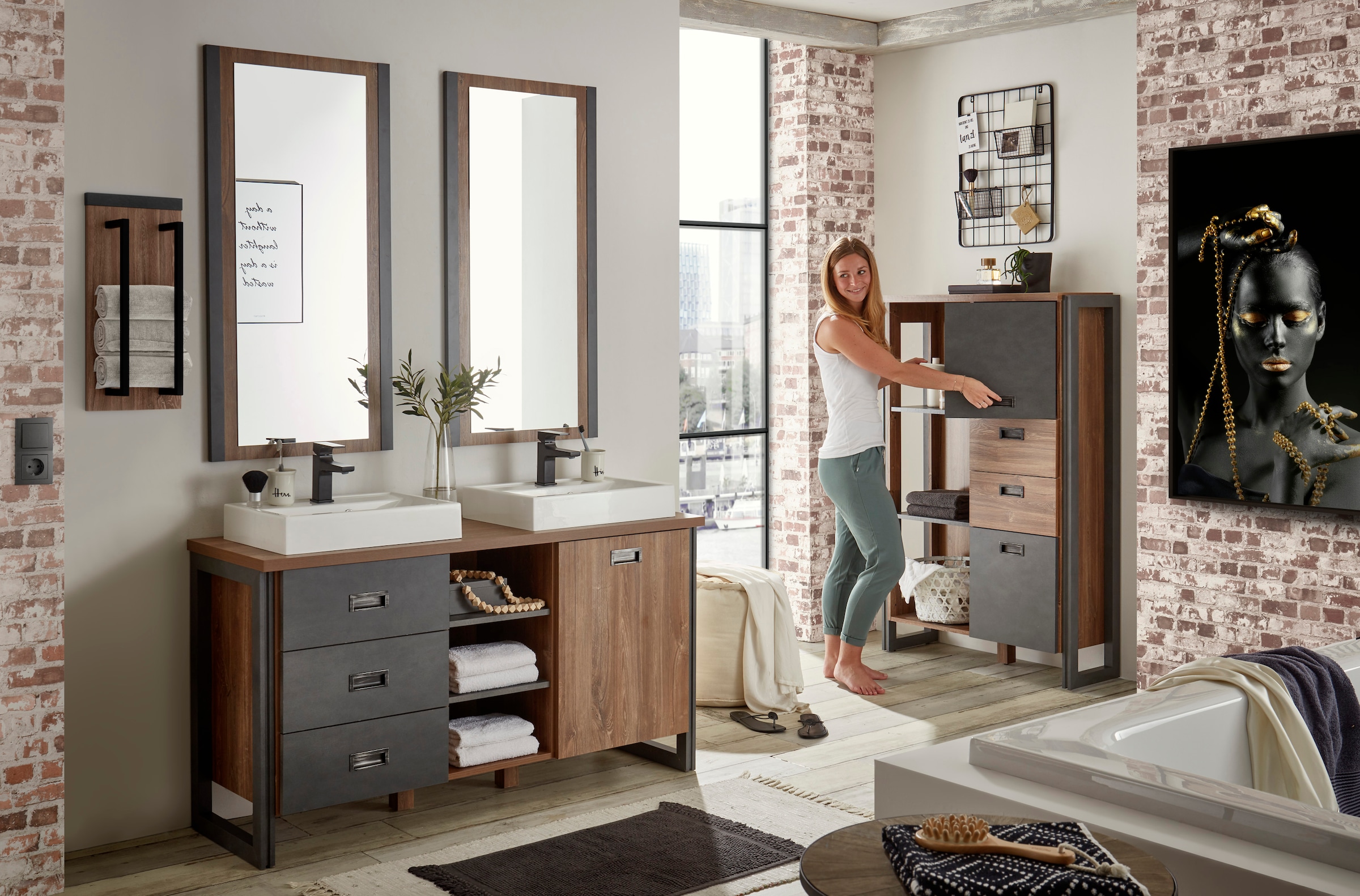 Home affaire Badmöbel-Set »Detroit, Bad im Industrialdesign, 3-teiliges Badezimmer«, (Set, 4 St.), Waschtisch, Highboard, Spiegel, inkl. 2 Mineralguss-Aufsatzwaschbecken