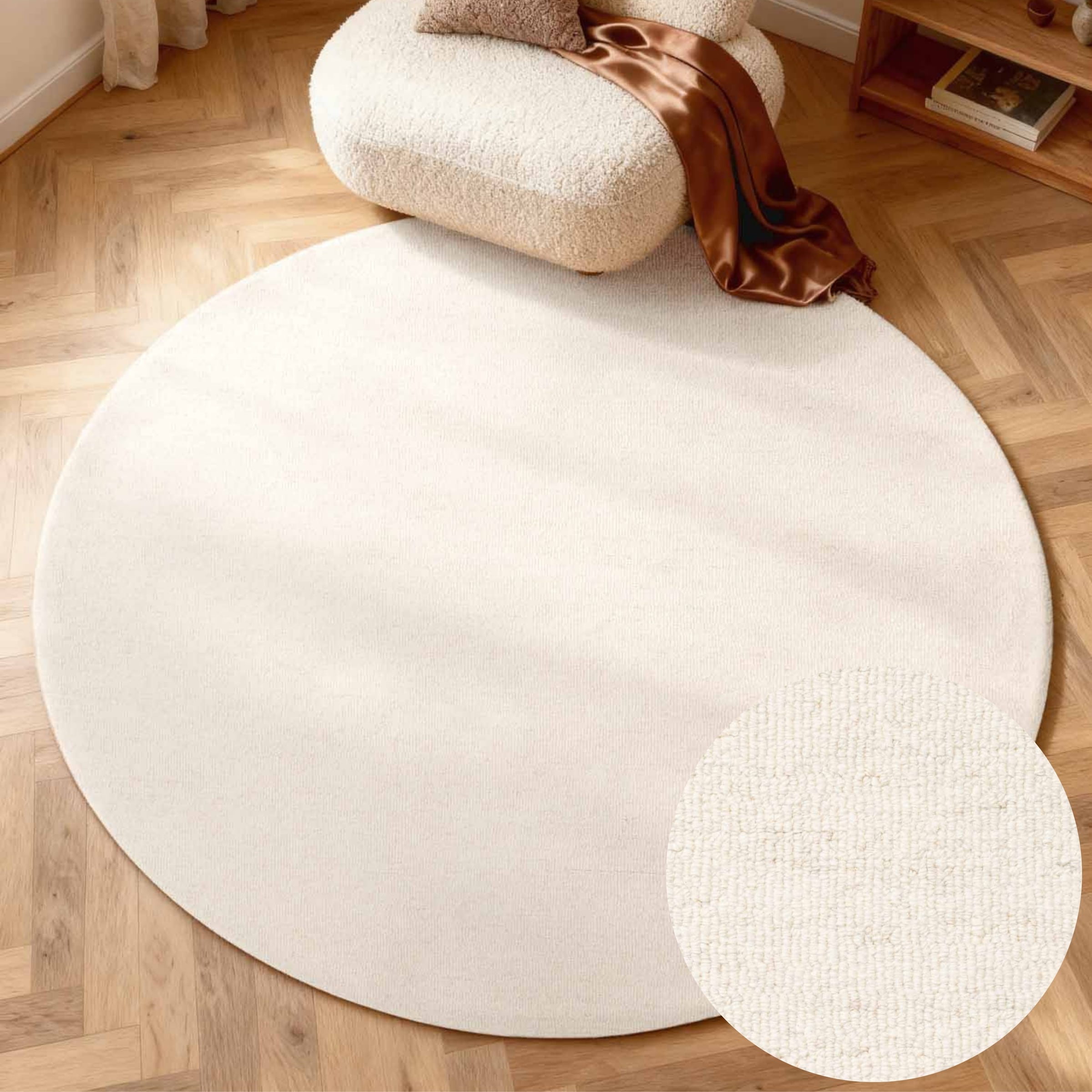 Image of ELLE DECORATION Wollteppich "Knots" rund 13 mm Höhe Handtuft, Wolle, Rund, Feines Bouclé, Wohnzimmer, Schlafzimmer, Natur
