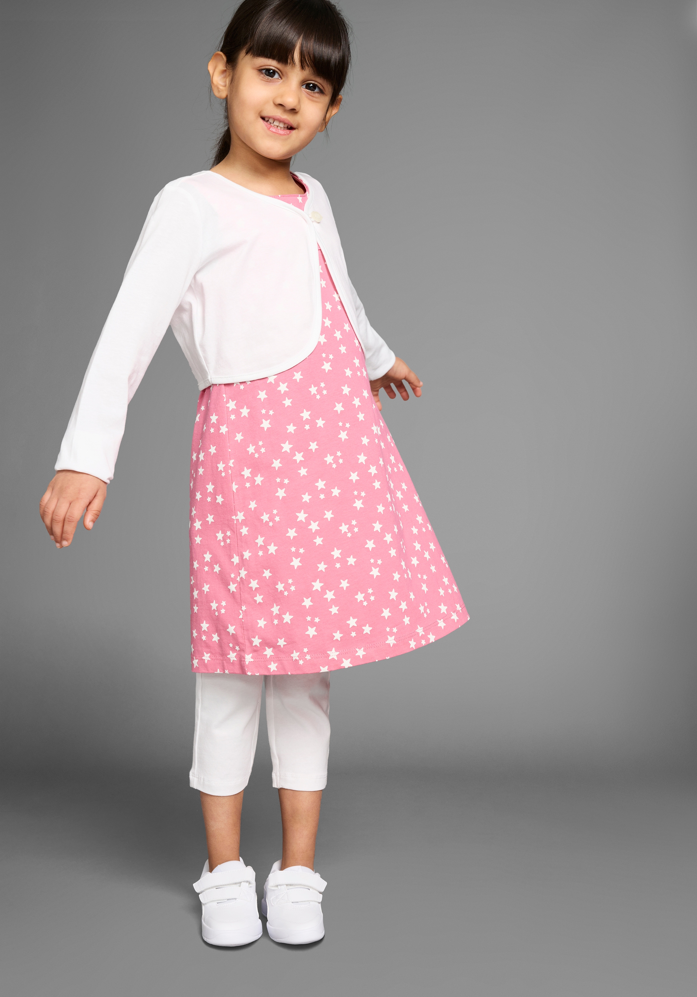 Image of KIDSWORLD Bolero, Kleid & Leggings "3tlg. Set, Komplett Outfit mit Sternenmuster" Set, 3, 3 Stk. mit niedlicher Bolero-Jacke
