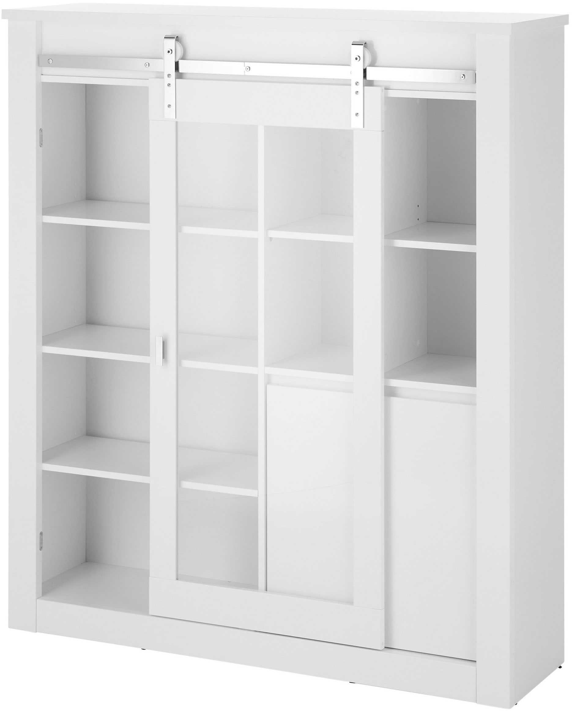 Home affaire Vitrine »Daytona, moderner Hochschrank, Glasvitrine in Weiss Hochglanz« mit Schiebetürenbeschlag in Chrom-Optik, ausreichend Stauraum