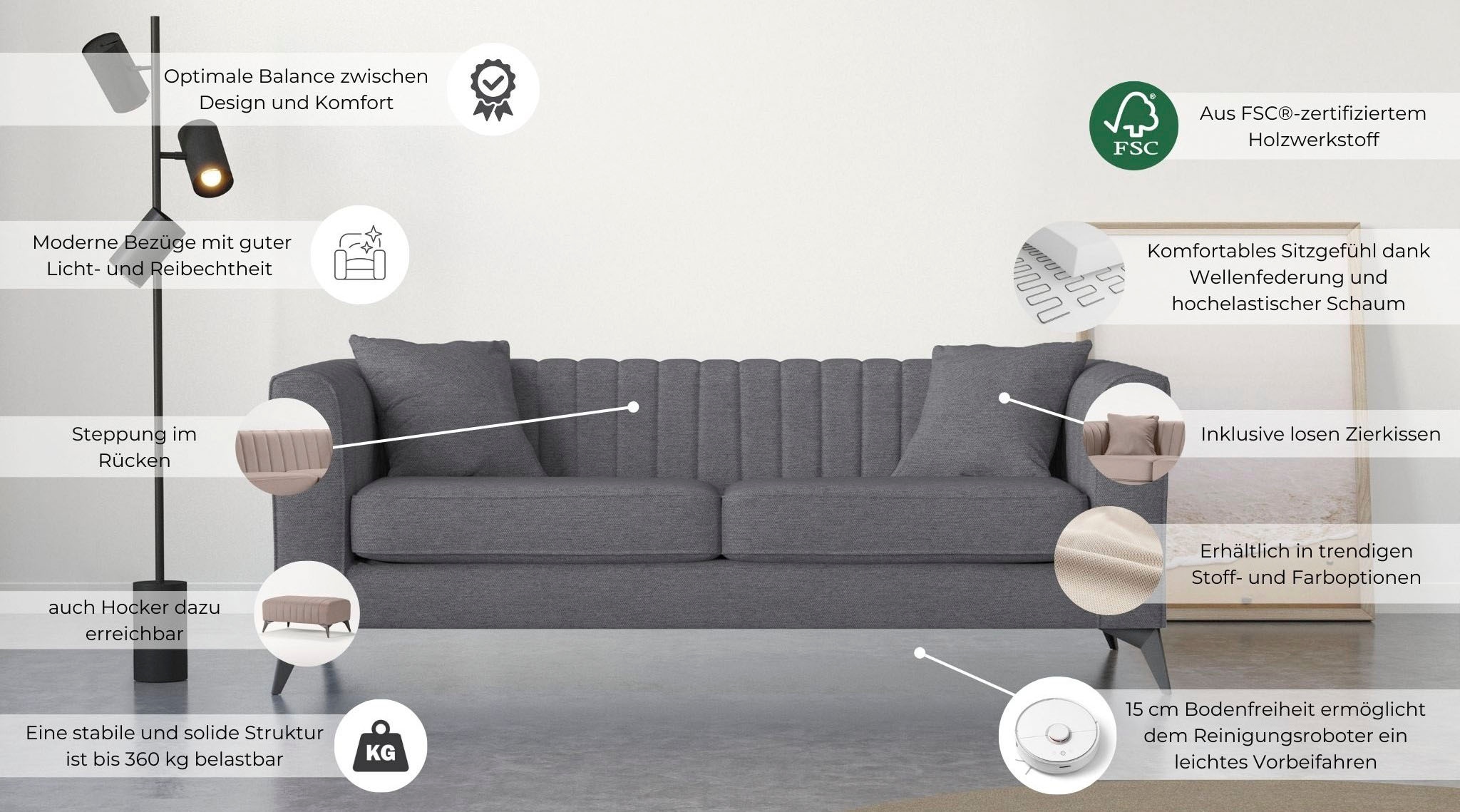 Places of Style 3-Sitzer »MATTHEW elegantes Designsofa, Masse B/T/H: 201/86/74 cm«, feine Steppung im Rückenbereich, lose Sitzkissen, incl. Zierkissen