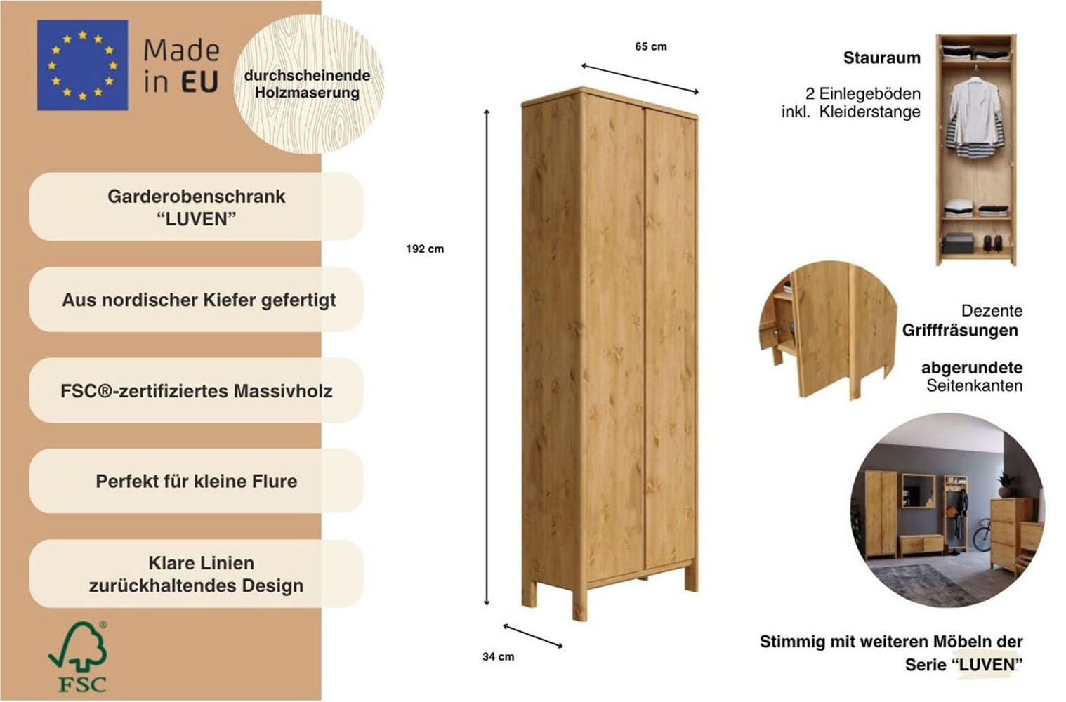 Home affaire Armoire vestiaire »Luven« FSC®-zertifiziertes Massivholz, Höhe 192 cm