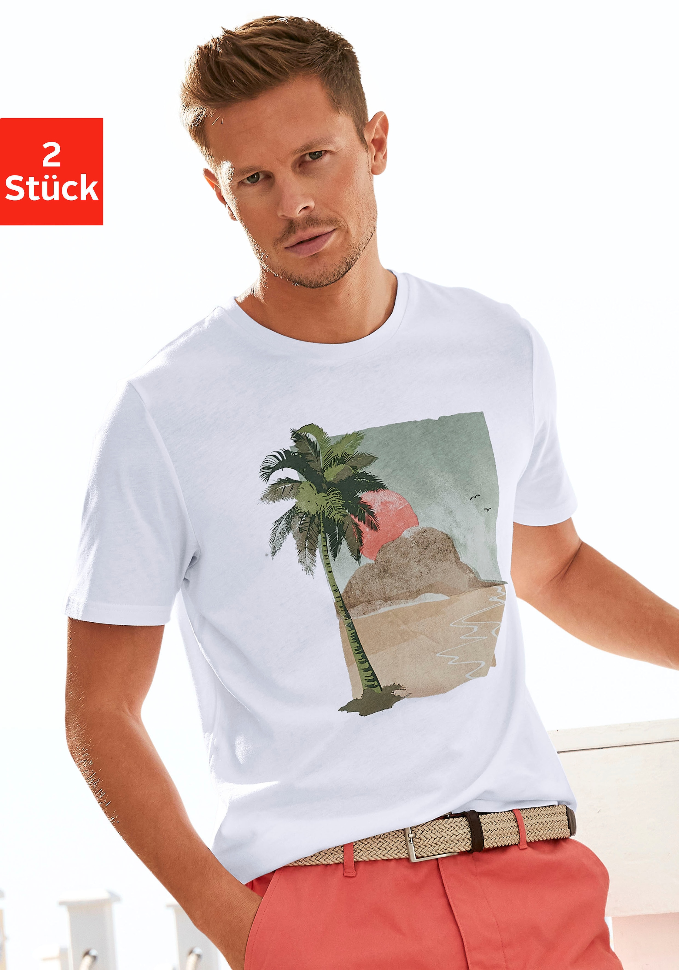 Beachtime T-Shirt, (Packung, 2 tlg.), Freizeitshirt mit Rundhals und Frontprint aus reiner Baumwolle