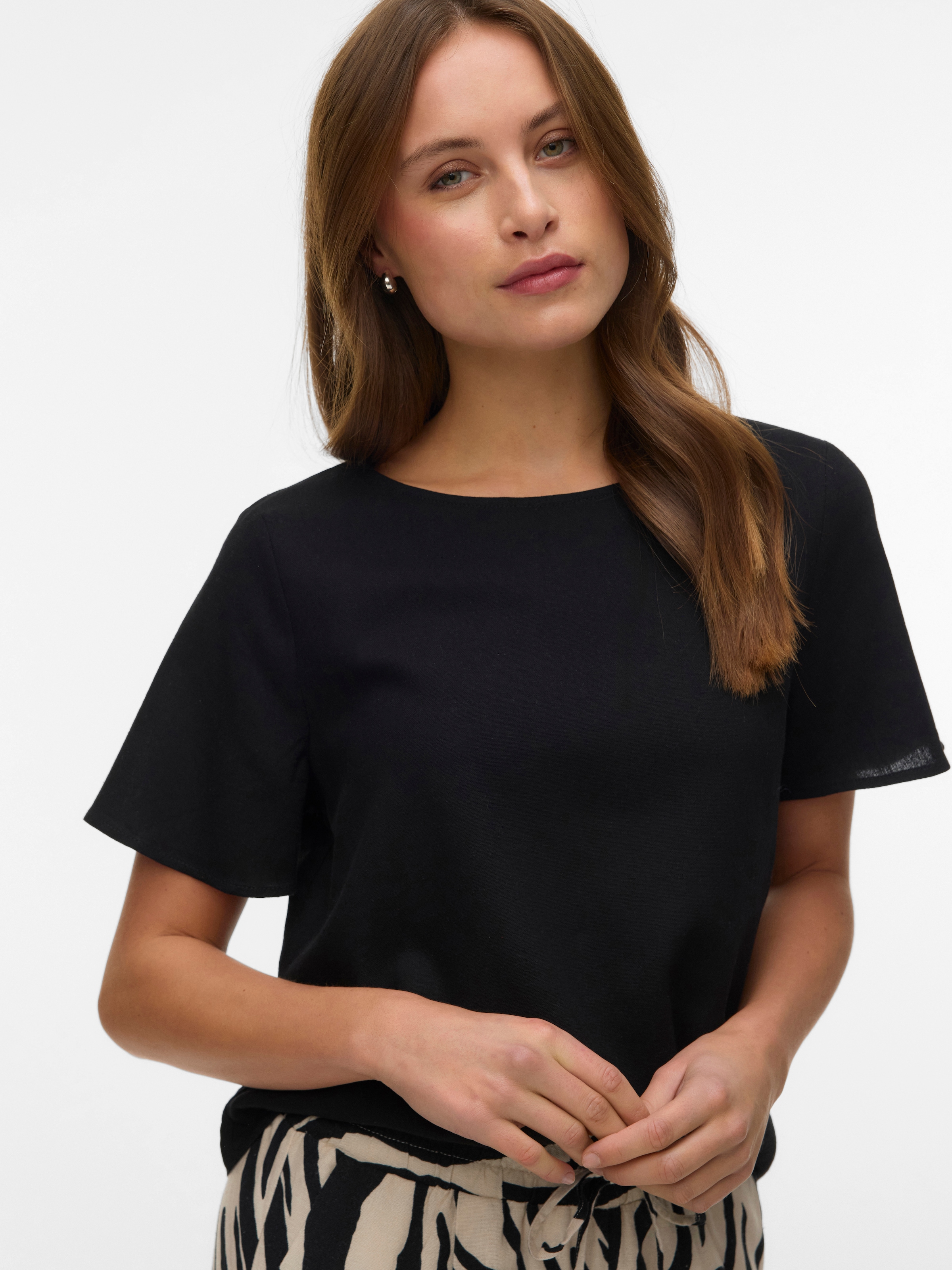 Image of Vero Moda Blusenshirt "VMMYMILO SS O-NECK TOP WVN GA" mit Leinen