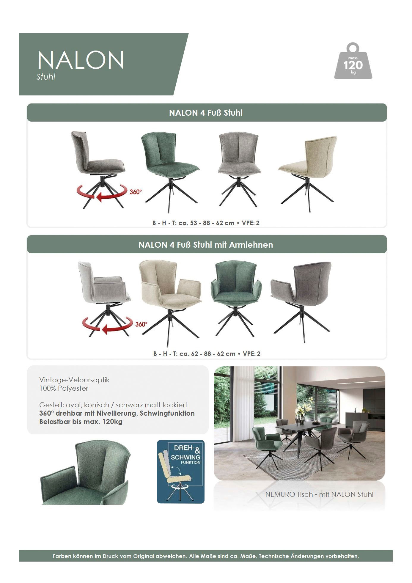 MCA furniture 4-Fussstuhl »NALON Esszimmerstuhl (2er Set) - Stuhl«, (Set), 2 St., Veloursstoff, 360° drehbar, Schwingfunktion, Metall, Veloursoptik, belastbar 120 kg