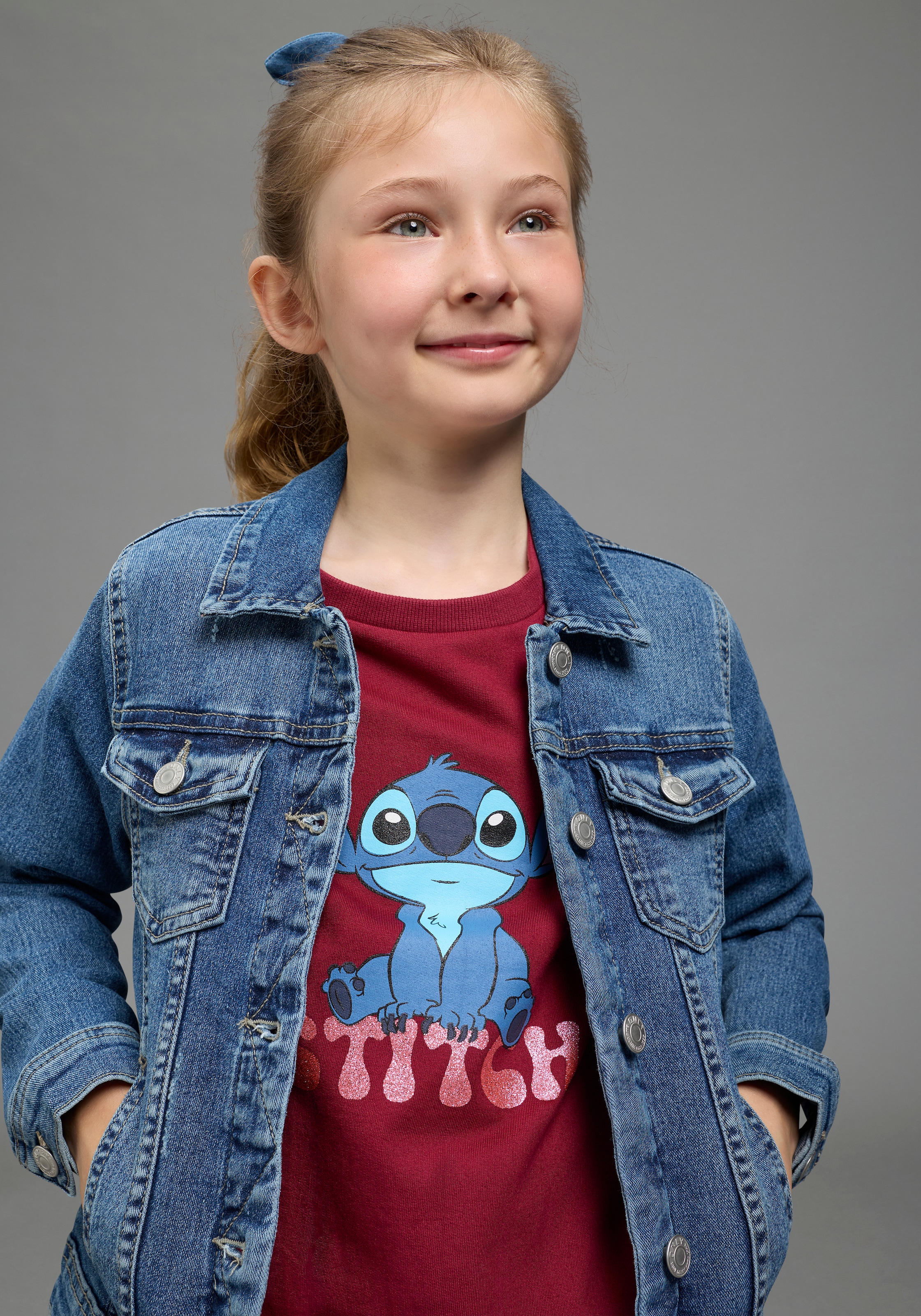KIDSWORLD Sweat-shirt »STITCH Glitzerprint Sweatshirt, Disney«, avec col rond, bord-côtes, longueur couvrant les hanches
