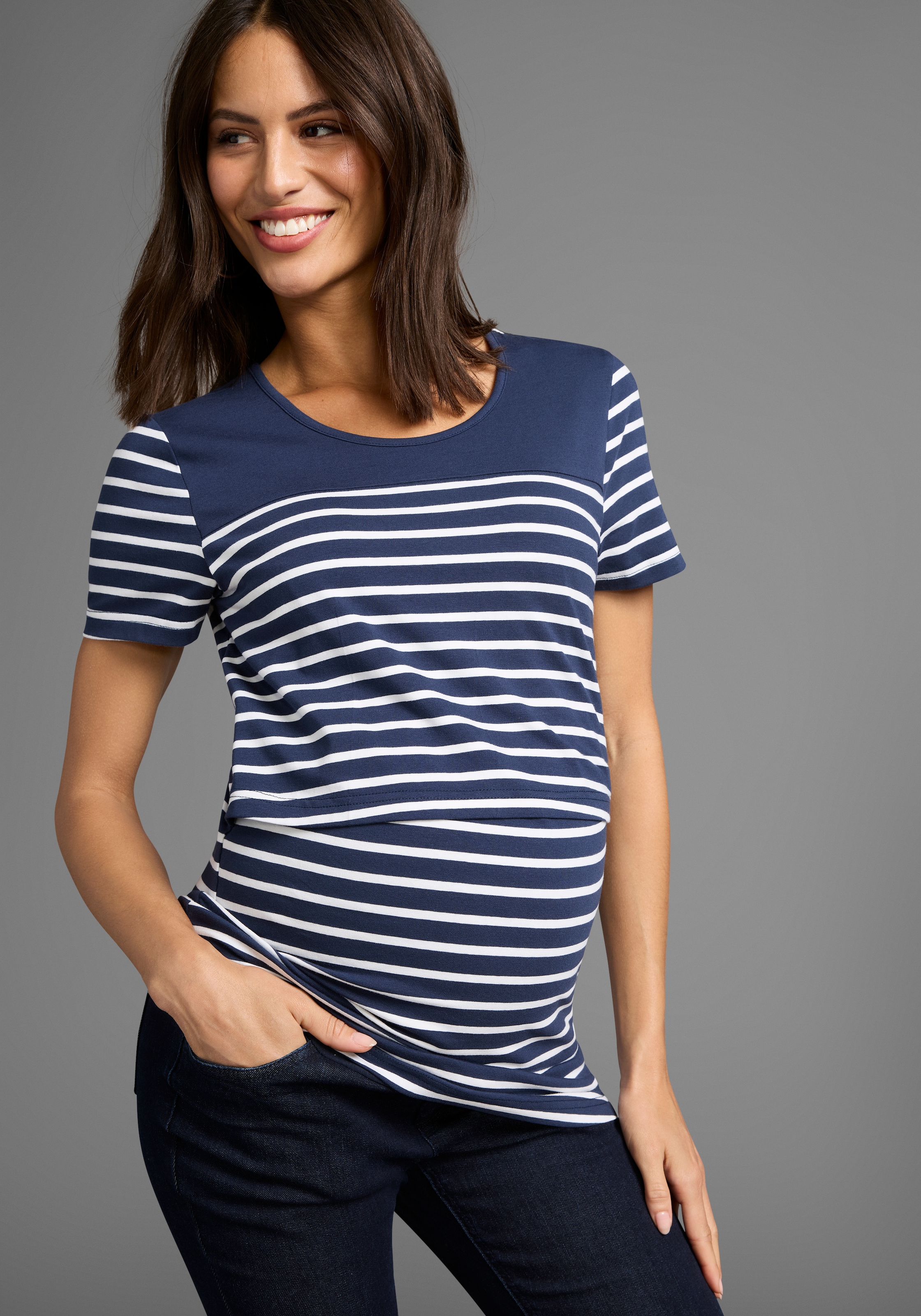 Image of Neun Monate Umstandsshirt "Geringeltes Schwangerschafts- und Still-Shirt", für bequemes Stillen