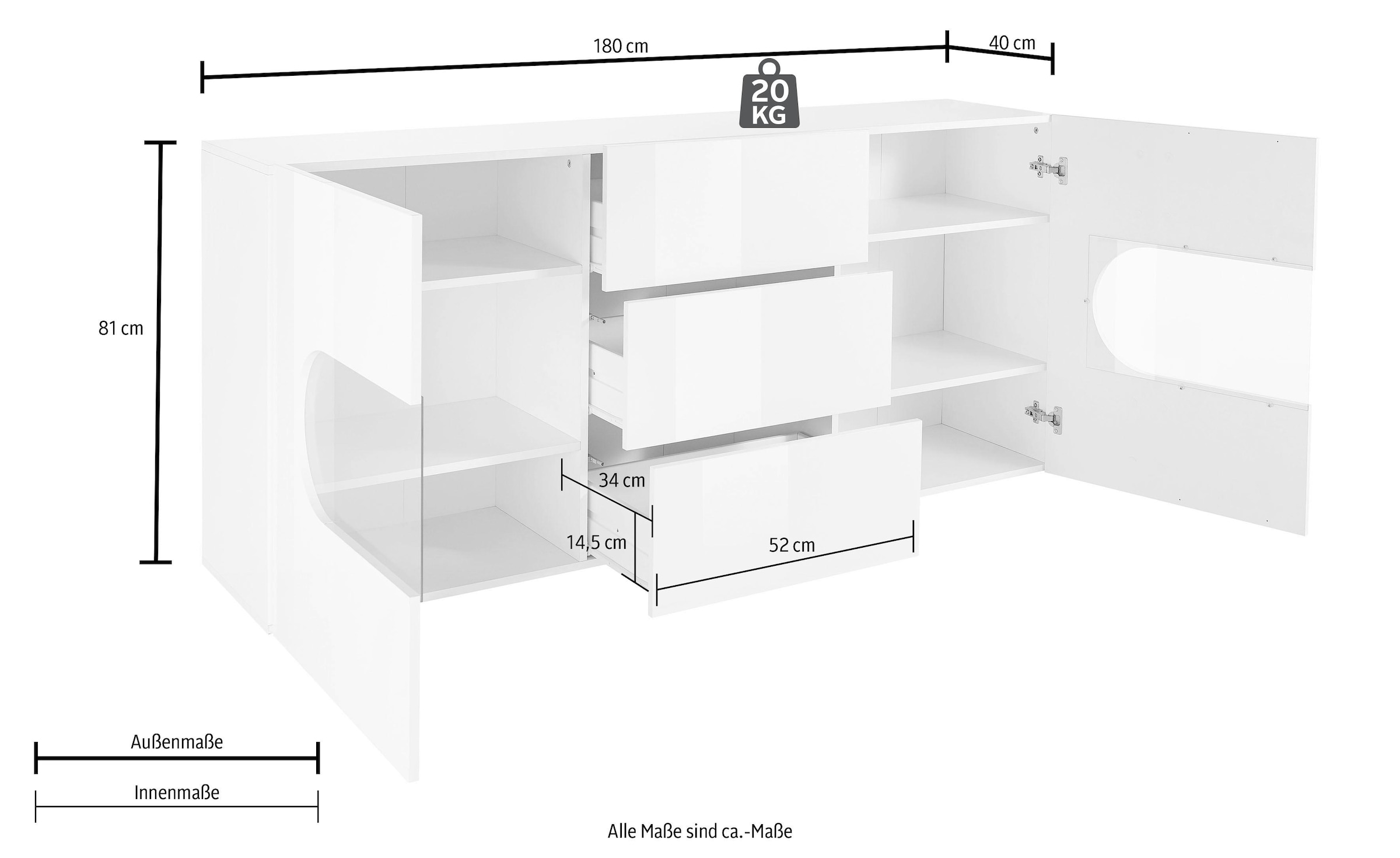 INOSIGN Sideboard »Real,Vitrine,Kommode,Schrank,Breite 180 cm komplett hochglanz lackiert«, mit 2 Glastüren und 3 Schubladen ohne Griff