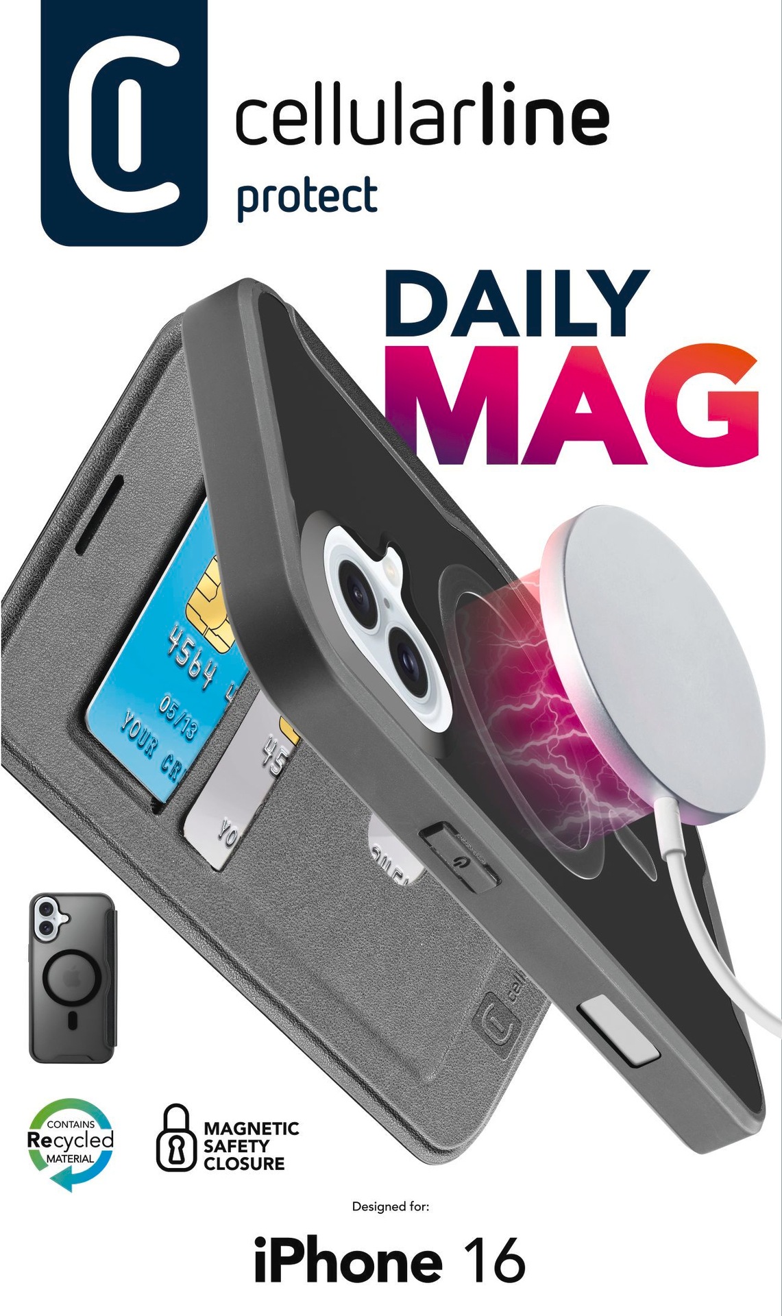 Cellularline Flip Case »Book Case Daily MAG für Apple iPhone 16«, Bookcover, Schutzhülle, Handyschutzhülle, Case, Schutzcase, stossfest
