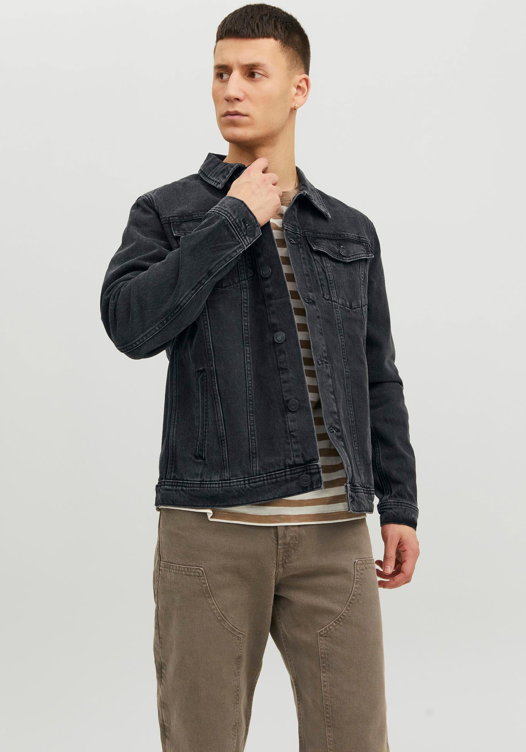 Image of Jack & Jones Jeansjacke "JJIJEAN Jeansjacke mit Windschutz, stylisch und angenehm tragbar" Abriebeffekte, modisch, regular fit, Baumwolle