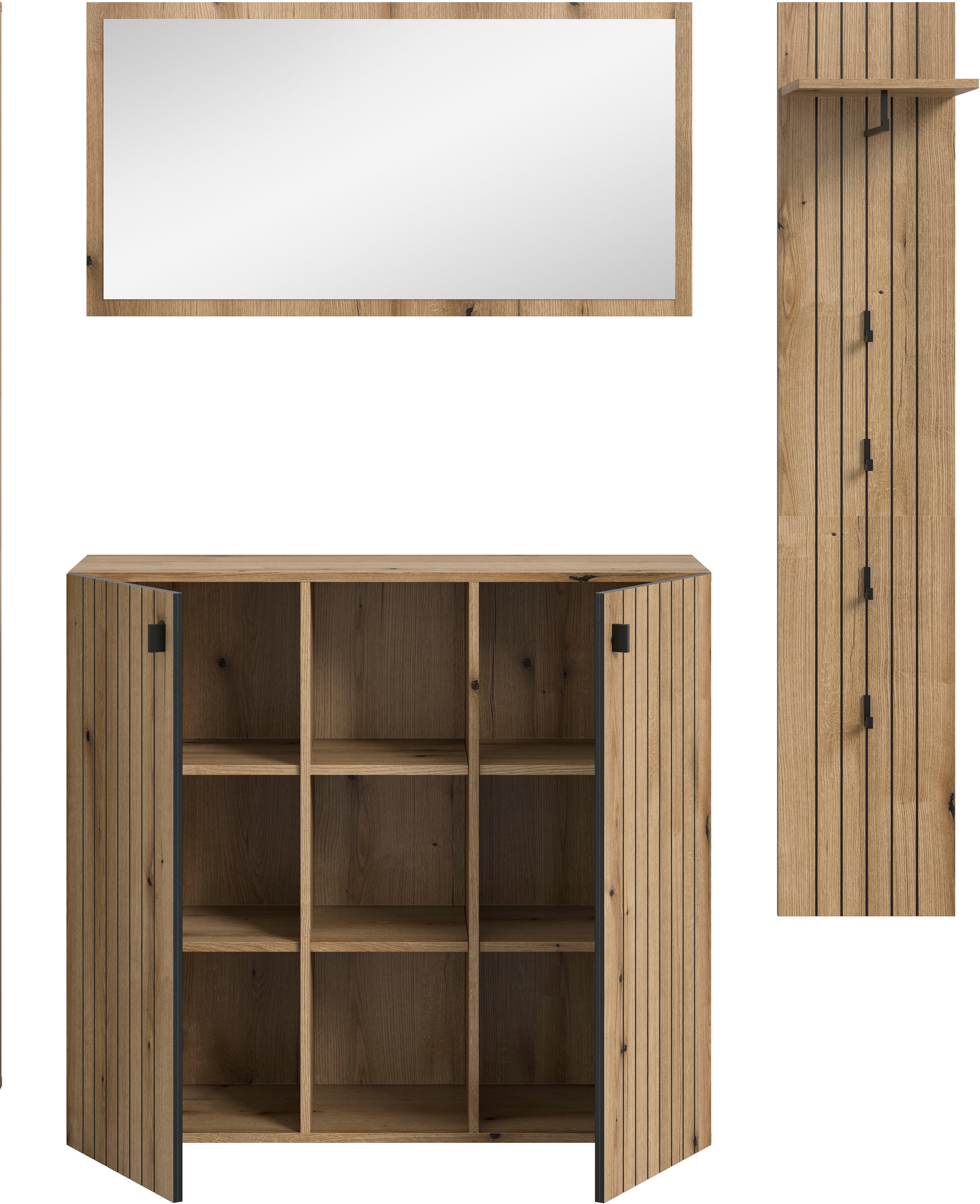 Home affaire Ensemble de vestiaires »TATIO, 3-tlg. Garderobenkombination, Breite:157cm, Rillenfräsung« Set, Set, best. aus: 1 Spiegel, 1 Garderobenpaneel, 1 Schuhkommode, 3 cuis tlg.